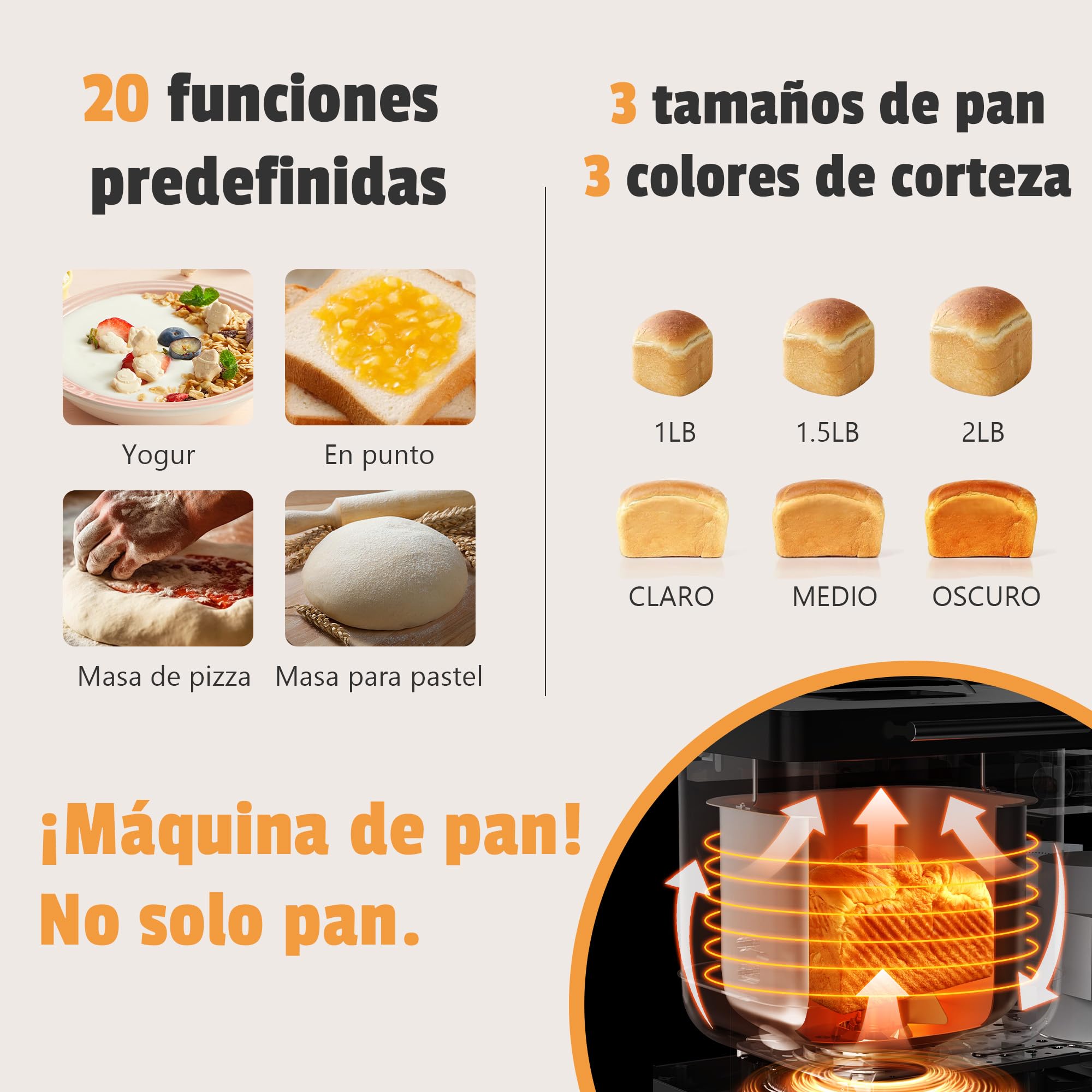 Karinear Panificadora de 1000 g, Multifuncional: 20 Funciones Preprogramadas, Retraso Preprogramado de 15 Horas, Función Para Mantener Caliente, Función de Amasado. Capacidad 1000 g, Blanco.