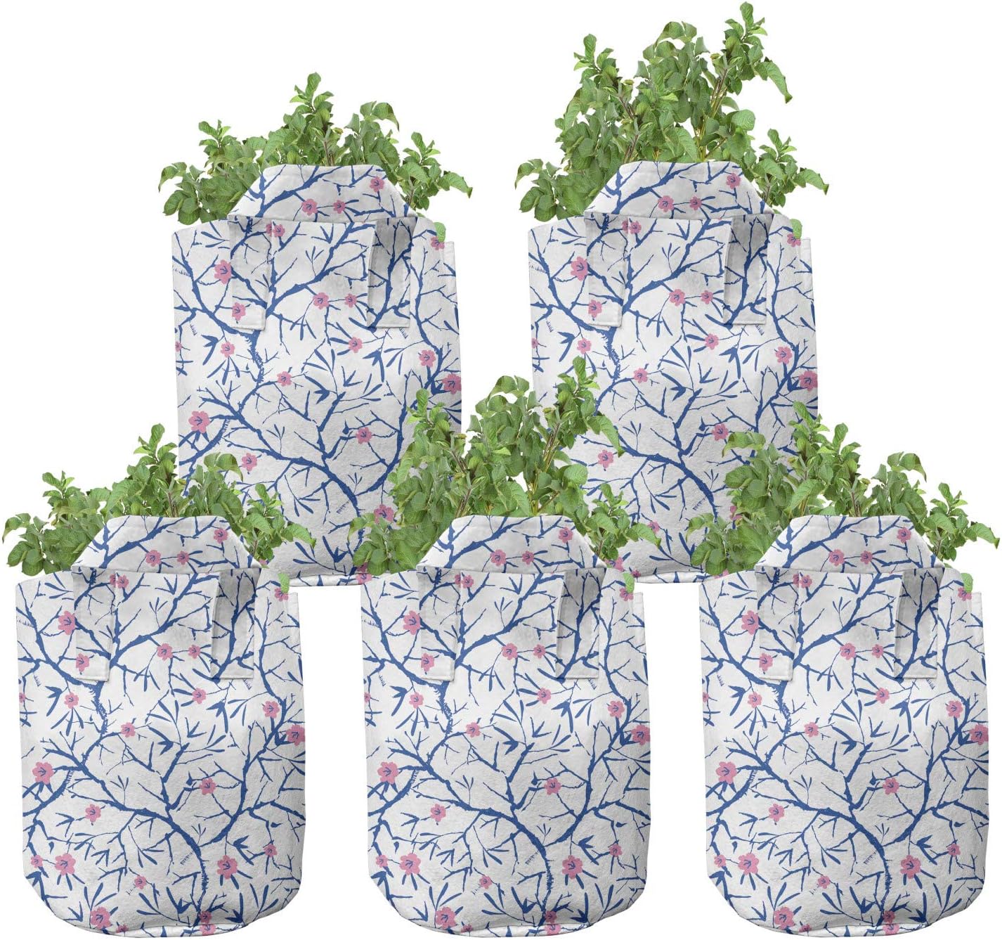 Ambesonne Navy and Blush Grow Bags 5-Pack, Nature, Heavyduty Fabric Pots with Handles for Plants, 5 Gallon, Violet Blue Pink