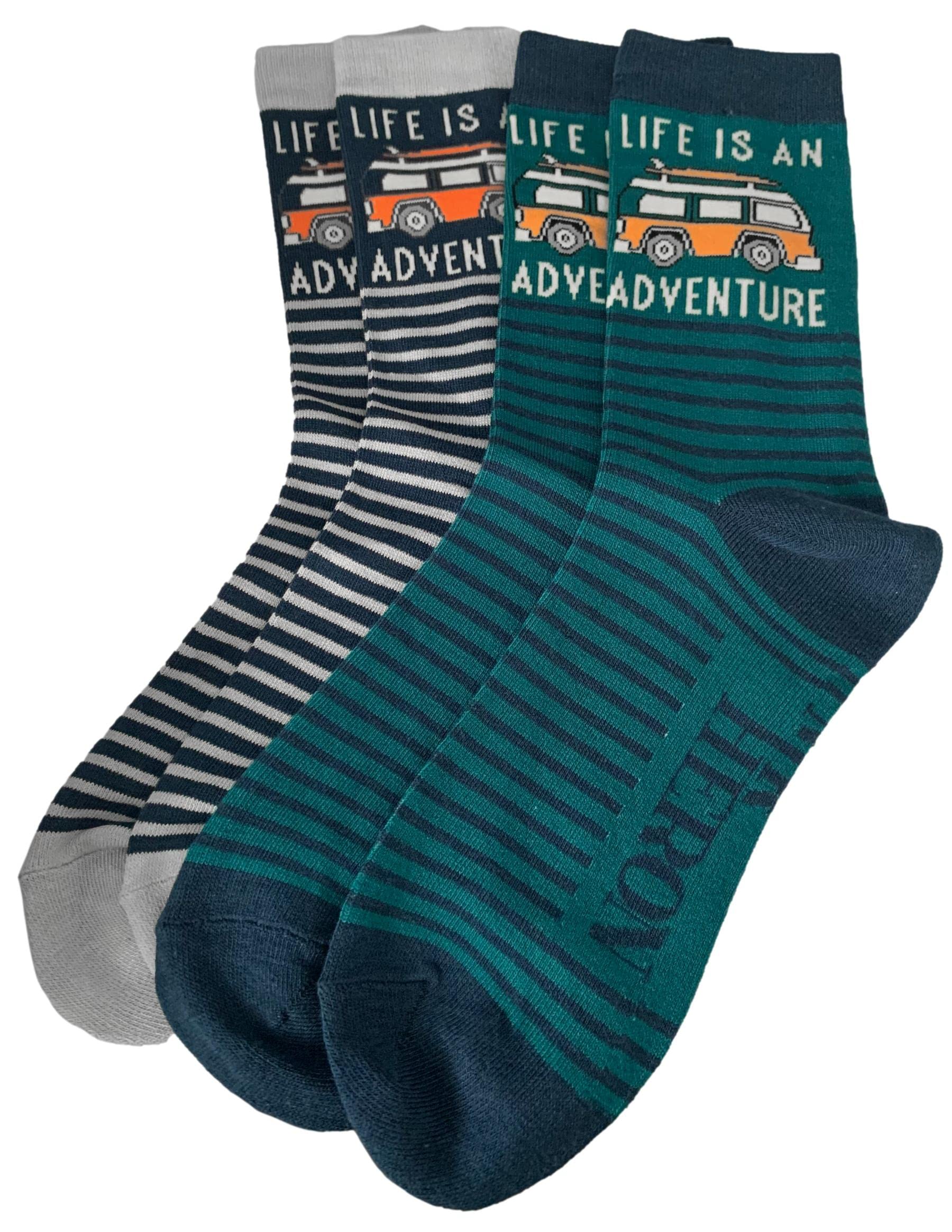 Purple Possum® Mens Socks Camper Van 2 Pair Multi Pack Fun Vans Green Blue Grey Gents Striped Socks
