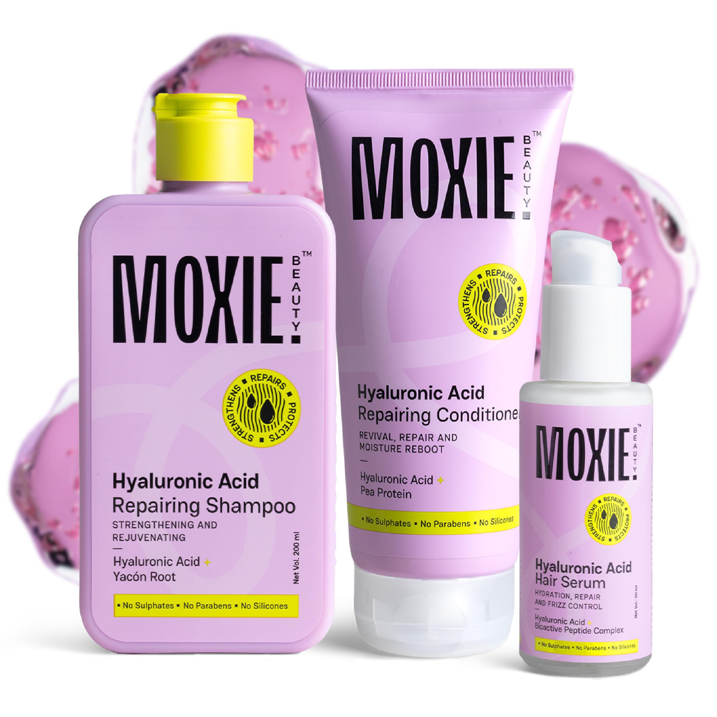 Moxie Beauty HydroRepair Routine | Sulfate-Free Shampoo + Protein-Enriched Conditioner + Hydrating Serum | Complete Hair Repair & Frizz Control | Strengthening & Moisture Lock | 200ml + 175ml + 50ml