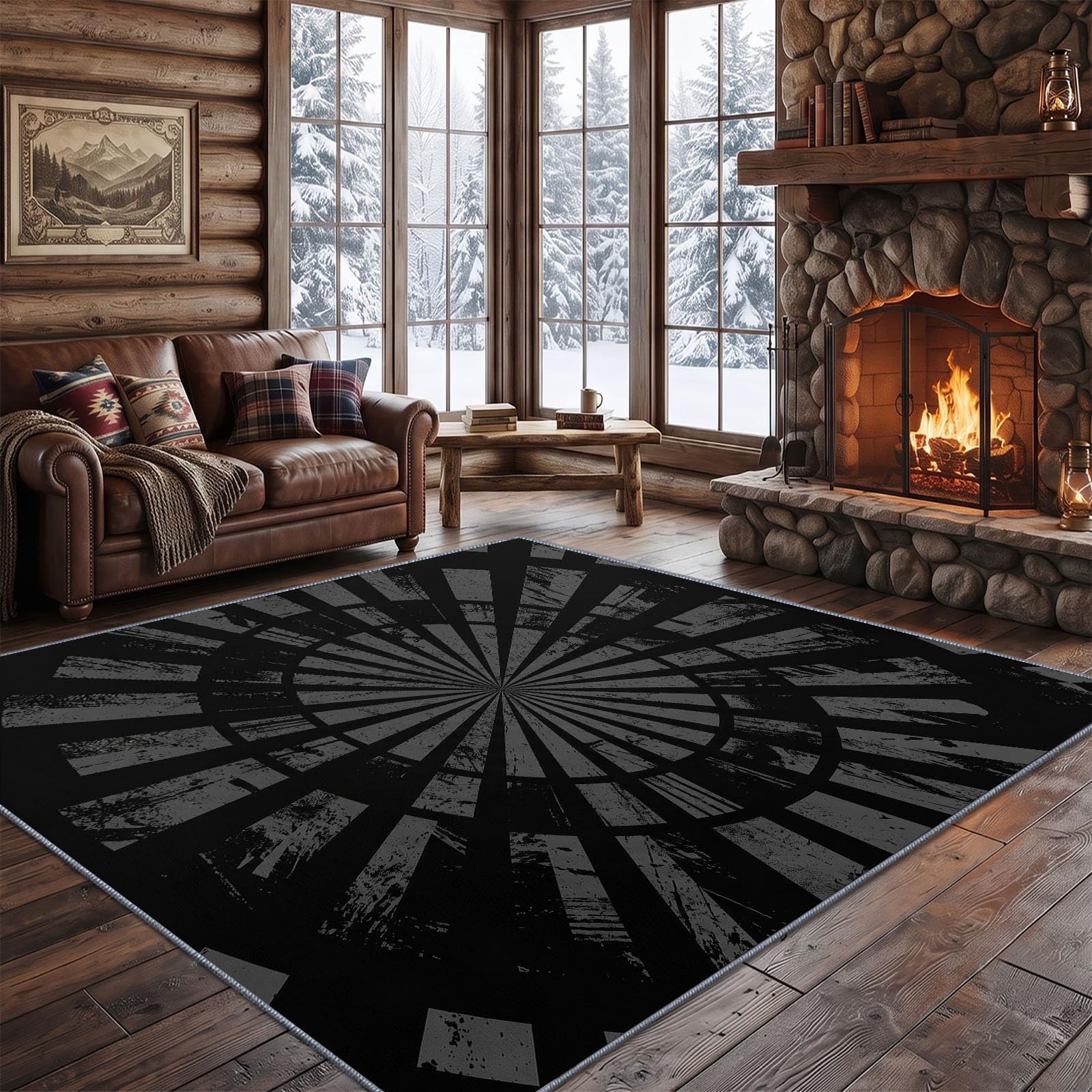 Noir Tapis Salon 140 x 200 cm, Minimaliste Lavable en Machine Tapis | Chambre Antidérapant, Abstrait Anneau Motif Rayonnant Tapise Bureau Salle a Manger, Doux Poil Ras Rug, Cuisine