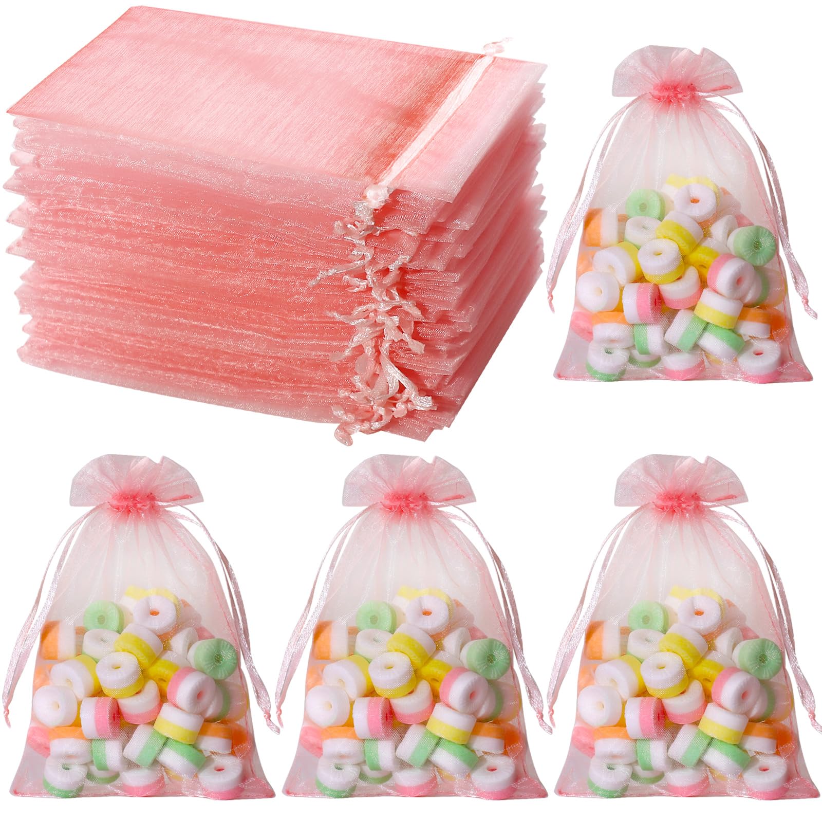 Hopttreely 100pcs Organza Bags, Pink 4''x4.72''(10x12cm) Satin Drawstring Organza Pouch Wedding Party Favor Gift Bag Jewelry Watch Bags