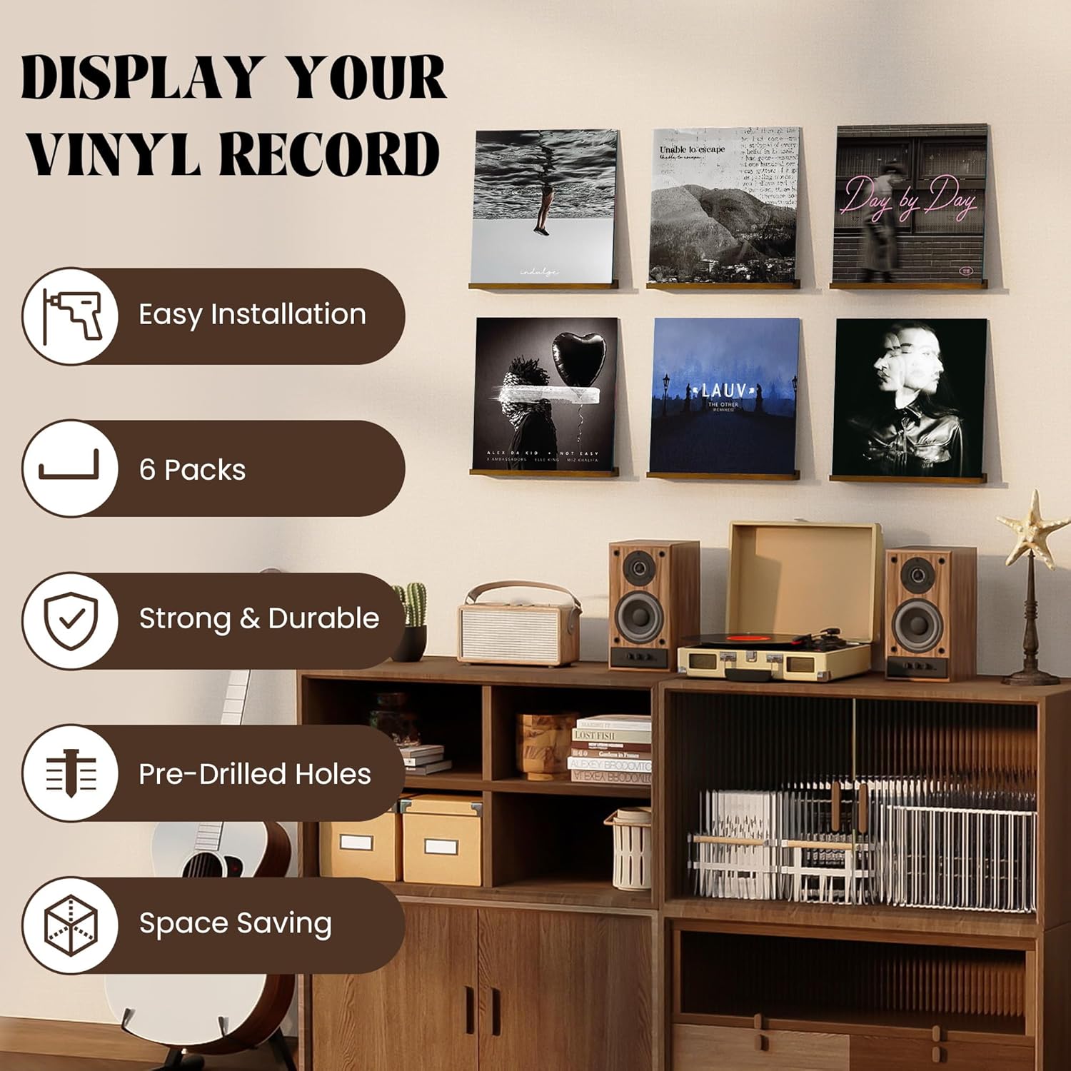 RICHFOCUS Vinyl Wall Mount, 6 Pack Solid Wood Record Shelf, Album Record Holder Display, 12 inch Floating Shelves for Wall, Magazine Shelf, Kids Bookshelf for Bedroom, Living Room, Walnut Walnut 6 Pack