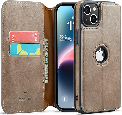 Casus Logo View - Funda tipo cartera compatible con iPhone 14 Plus, piel sintética delgada con ranura para tarjetero, funda magnética delgada (2022)