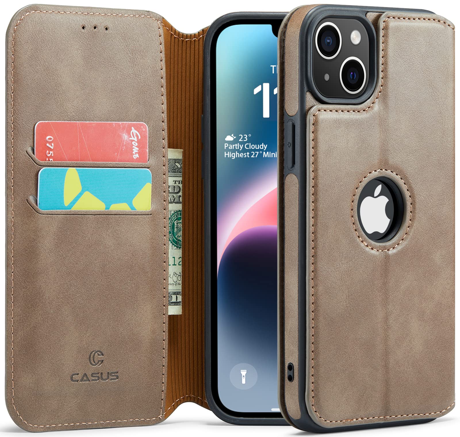 Casus Logo View Compatible with iPhone 14 Plus Wallet Case Slim Faux Leather with Card Holder Slot Thin Magnetic Flip Cover (2022) 6.7