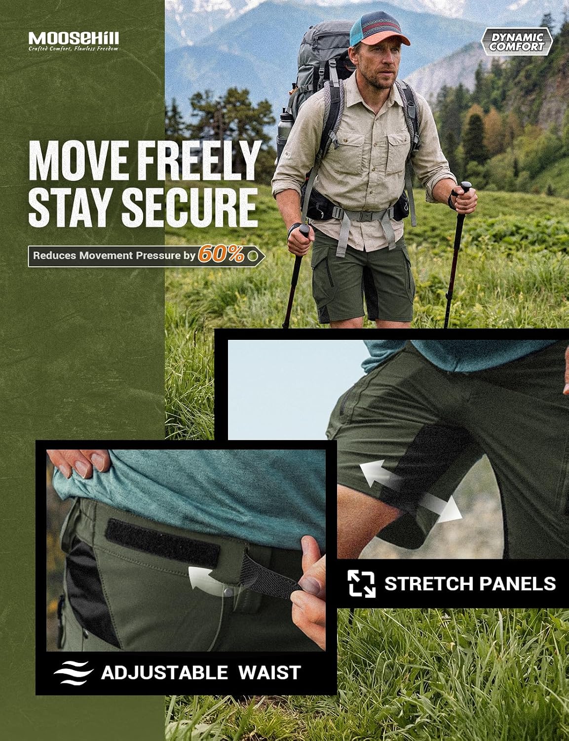 Moosehill Men's Hiking Cargo Shorts: Quick Dry Lightweight Stretch Outdoor Fishing Camping with 9 Pockets (Self-Storing)