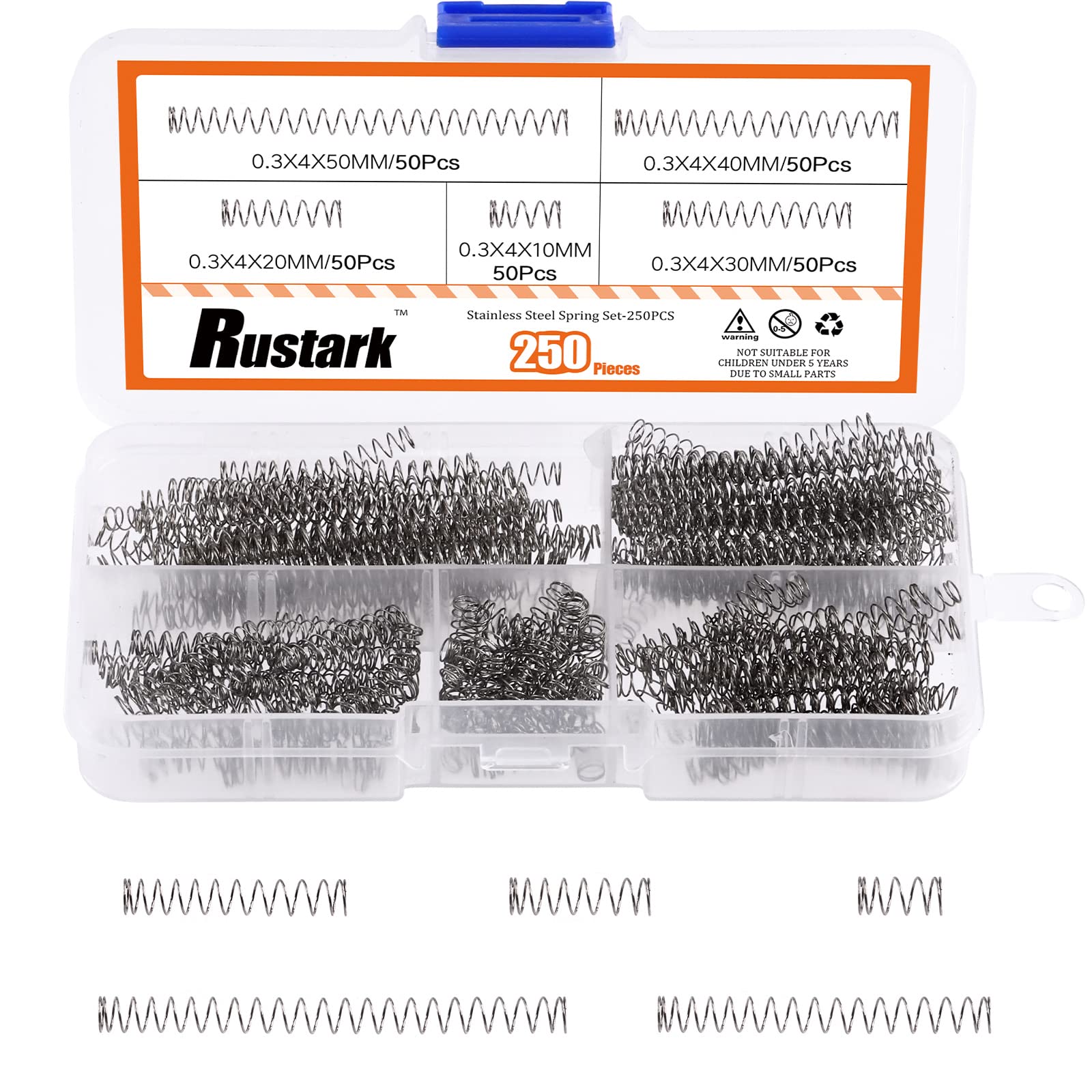 200 stuks veren-assortimentset, (20 maten), met trekveren, spiraalveer, stalen veer, trek- en drukveer van koolstofstaal, assortiment, veren met doos