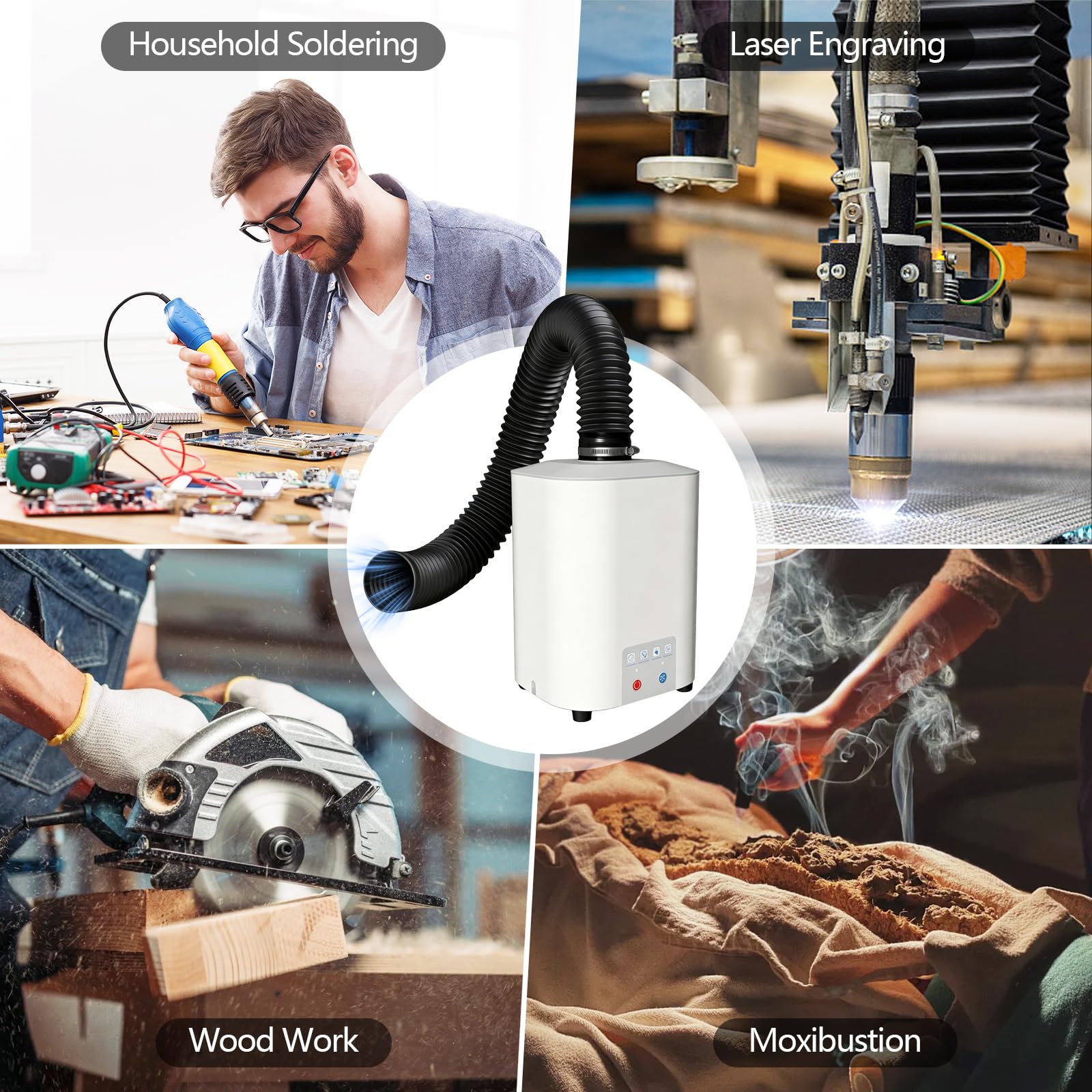 Aspiratore Fumi di Saldatura 50W con Sistema di Filtrazione a 3 Stadi, Purificatore d’Aria 128 m³/h Silenzioso <56 dB, per Saldatura, Laser e Stampa 3D, Include 5 Prefiltri di Ricambio