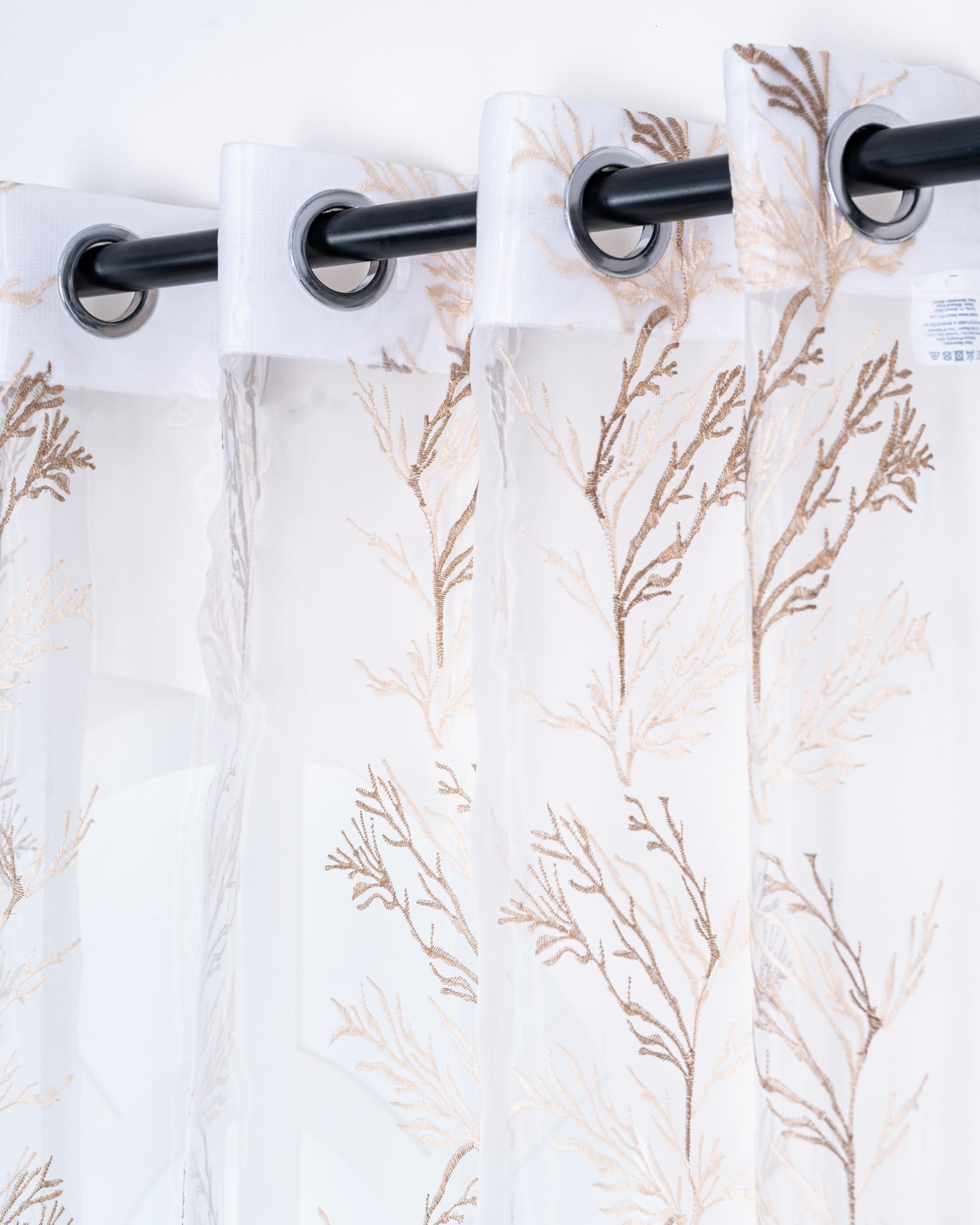 7Ft Brown and White Sheer Tissue with Embroidery Tree Design Eyelet Window Curtain for Home - Pack of 2-image-30