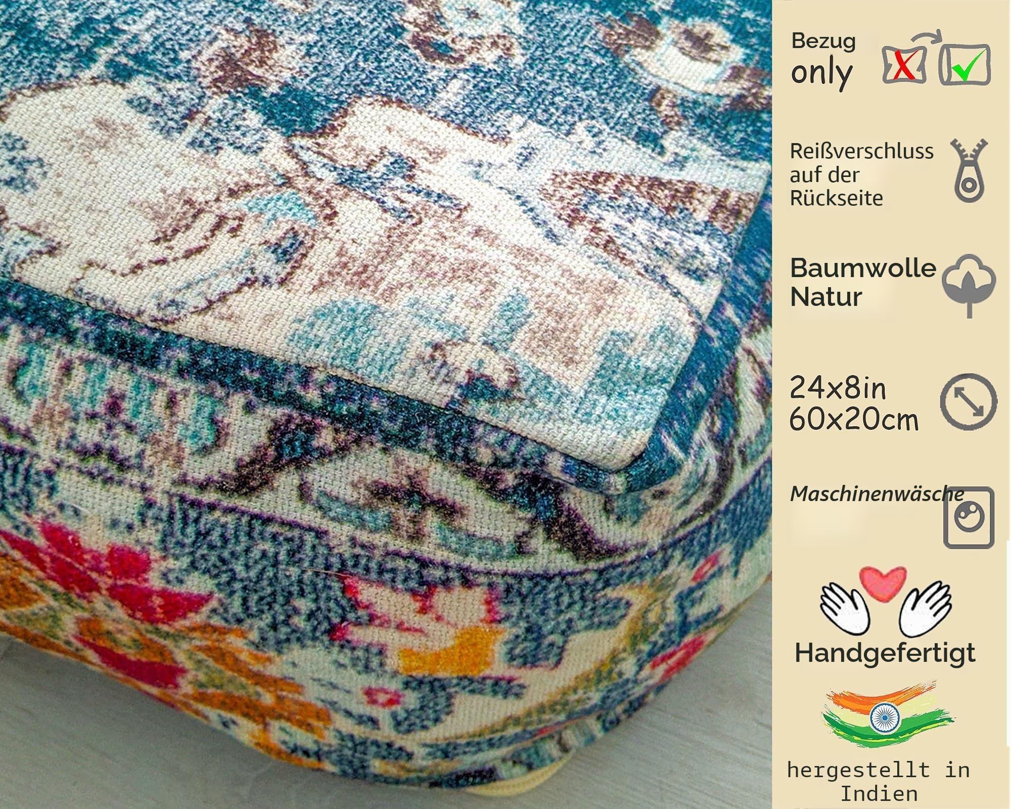 Mandala Life ART Bohemian Yoga Dekor Boden Kissenbezug - 60x20 cm - Quadratisch Meditation Kissenbezug - Bedruckter Baumwollte Hocker