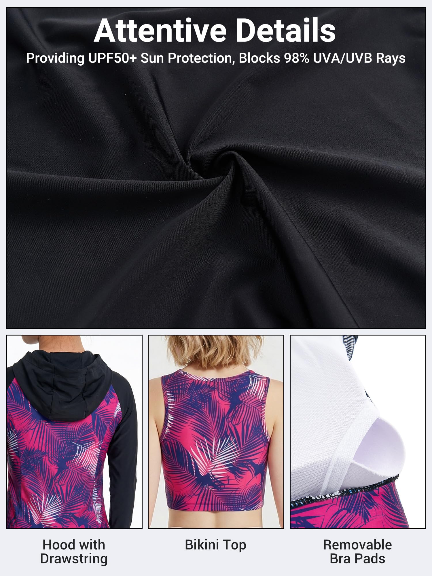 Owntop Maillot de bain à manches longues pour femme - Protection UV avec soutien-gorge intégré - Ensemble de 4 pièces pour la natation, le surf et les vacances à la plage