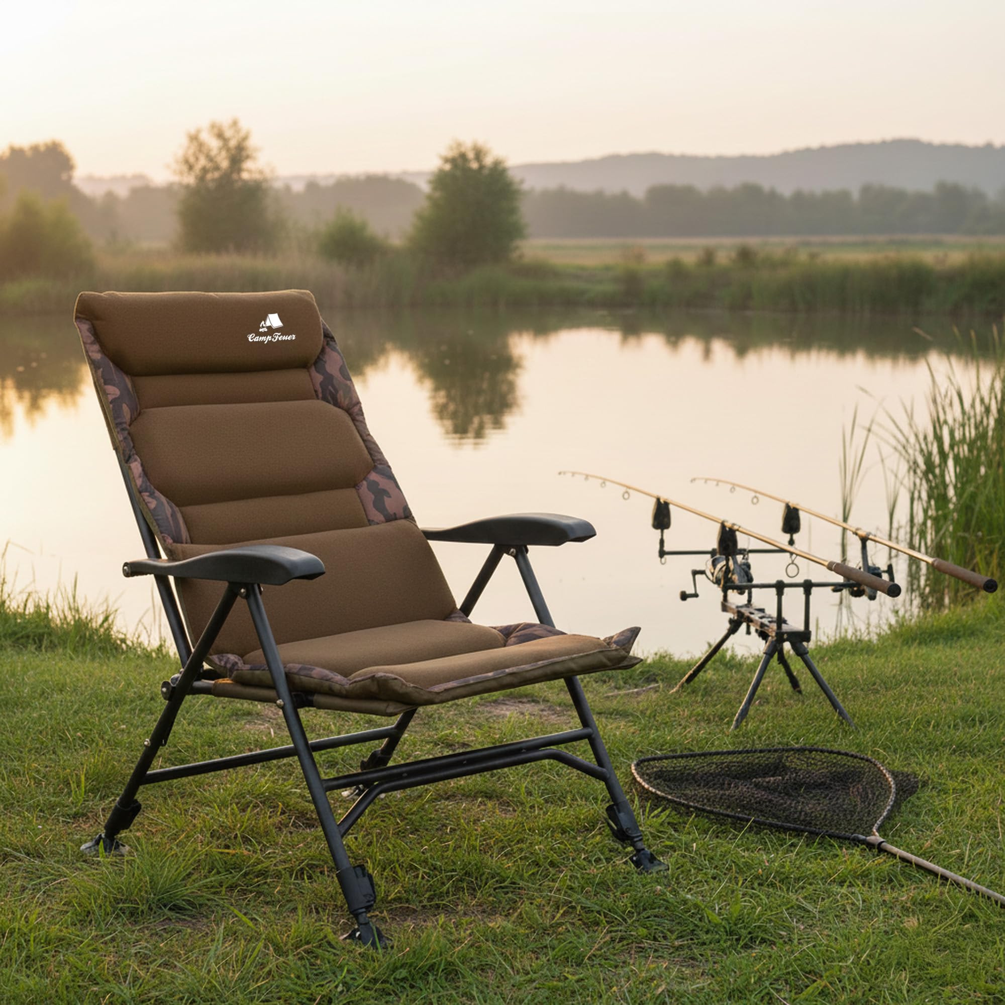 CampFeuer Silla de Pesca Plegable Camuflaje Marrón | Silla de Camping Regulable en Altura | Silla Plegable Carpa | Silla de Viaje, amping, Acampada, Pesca | Silla para Carpas, Silla Reclinable