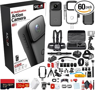 SJCAM C200 4K Mini Action Camera | Compact Waterproof Sports Cam with Image Stabilization & Wearable Vlogging Design C200B + 50-in-1 Action Accessory Kit + 64GB Card + USB-C Adapter + More