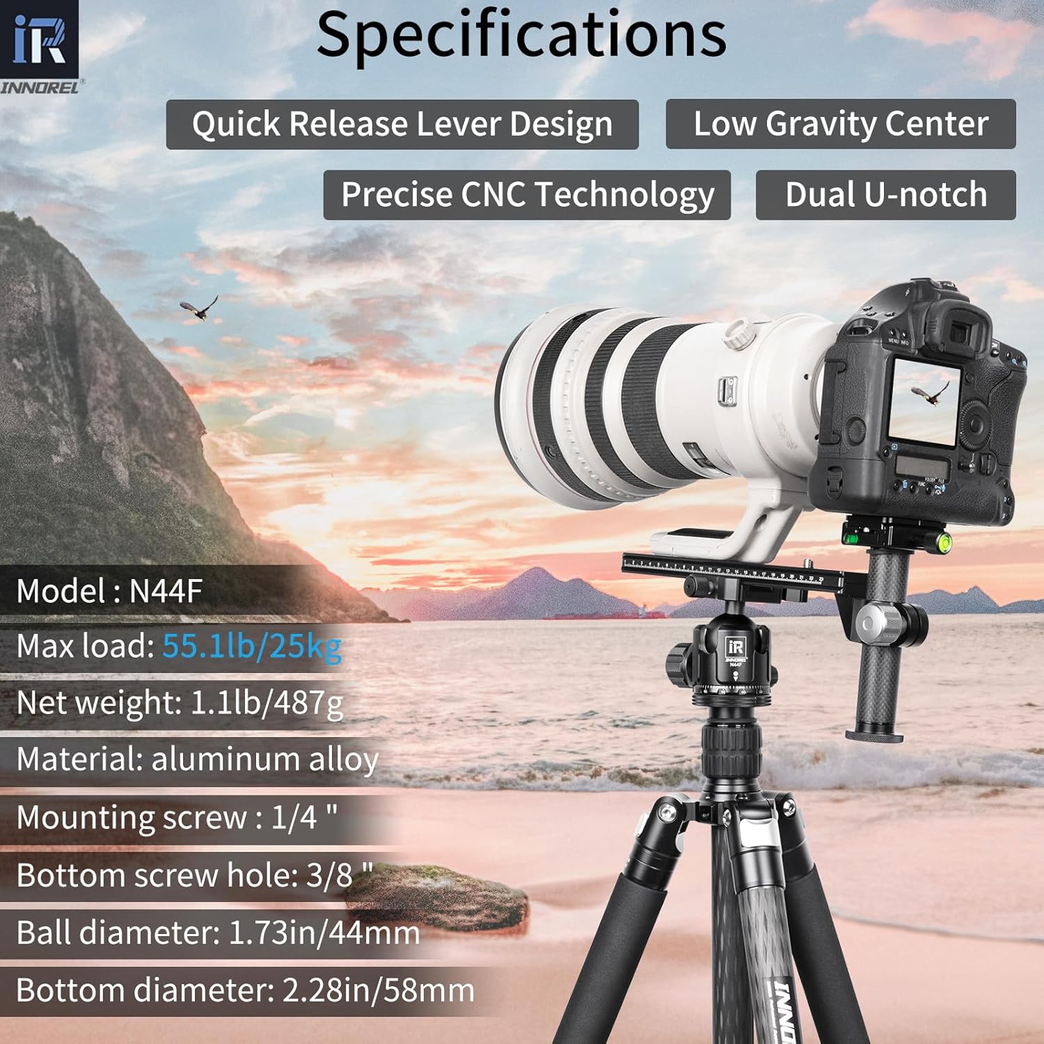 INNOREL N44F Quick Locking Low Profile Tripod Ball Head, Fast Lever Release, Panoramic CNC Metal Camera Tripod Ballhead with 2 Plates for Tripod Monopod DSLR Camcorder, Max Load 55lb/25kg (Black)