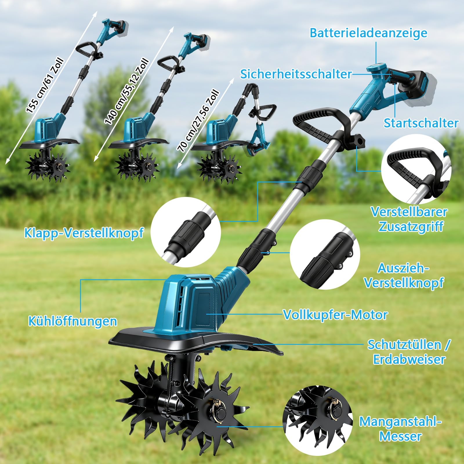 Akku-Bodenhacke für Makita 18V Batterie,360 U/min Motor, 20cm Arbeitsbreite & 16cm Arbeitstiefe für Beet, Arbeitstiefe für Beet, Acker & Landwirtschaft(Ohne Akku)