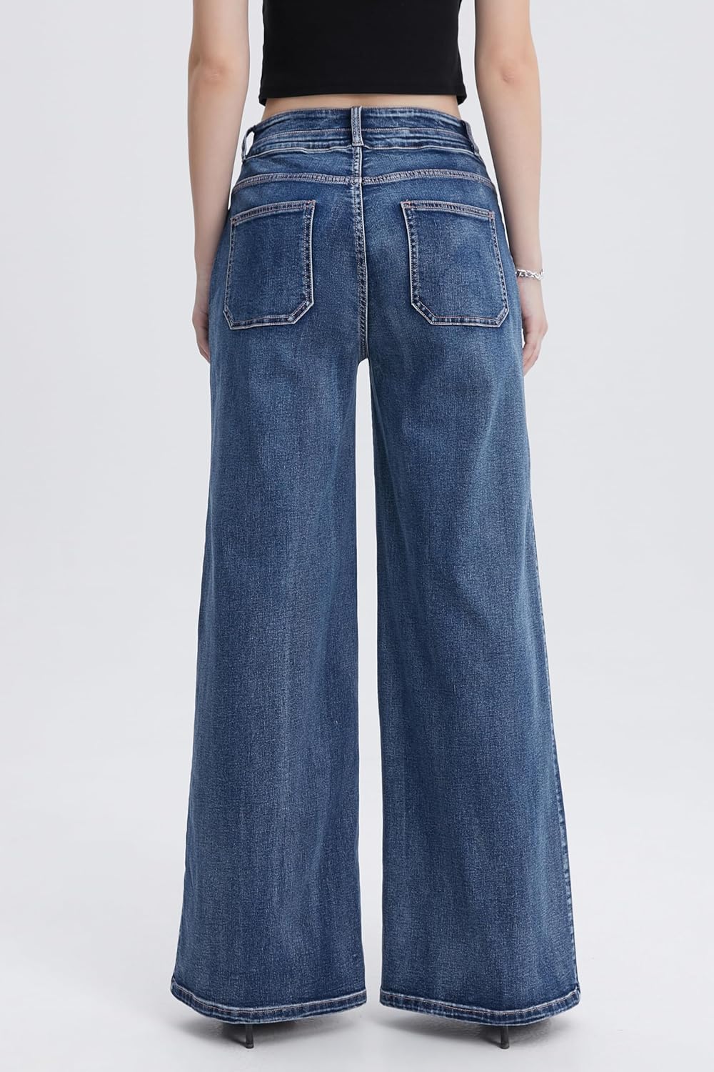 Women's High Waist Wide Leg Jeans Stretchy Loose Denim Pants with Two Button Detail - Image 6