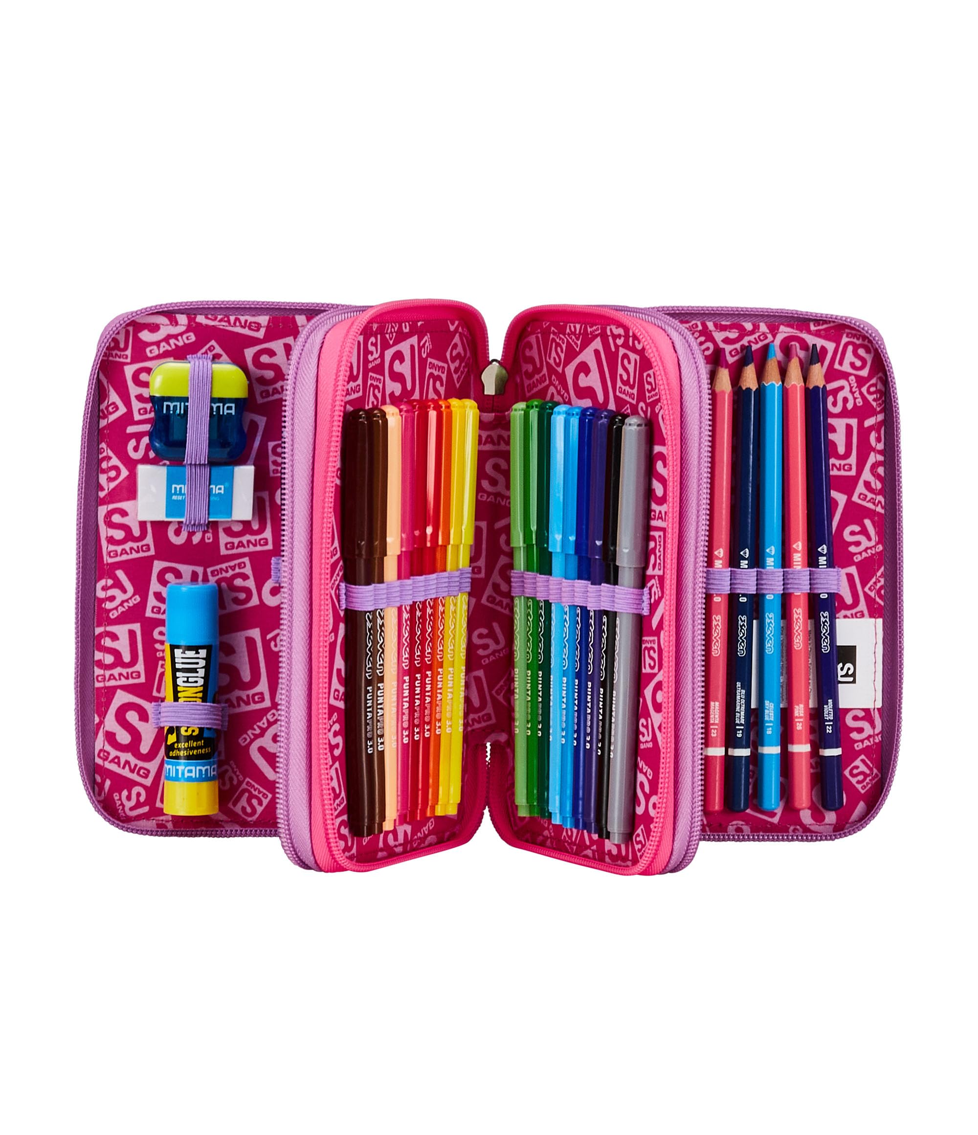 SJ GANG STYLE JAM GANG Astuccio Scuola 3 Zip, Nero e Rosa, Colorful Panda, Portapenne Triplo Scomparto Completo Di Penne, Matite, Colori, Accessori Zaino, Elementari, Medie, Bambina, 30C202461-379