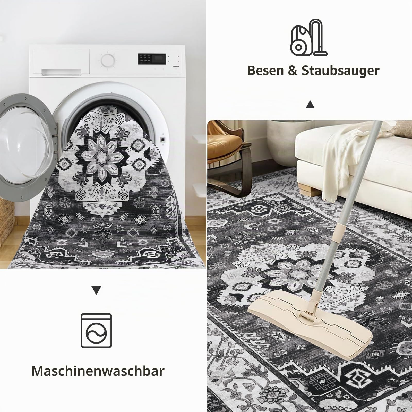 Enyhom Boho Großer Teppich, 160 x 230cm rutschfest Waschbar Bodenteppich Vintage Hochwertiger Weich Wohnzimmerteppich Robuste Kurzflor Flächenteppiche für Schlafzimmer Küche Esszimmer, Dunkelgrau
