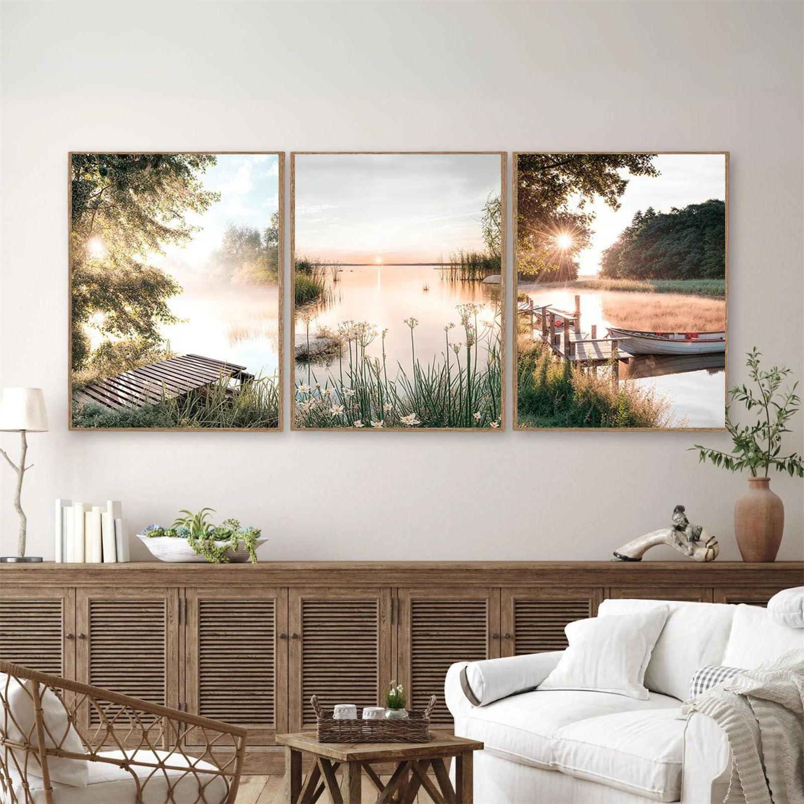 AQCQDQ Juego de 3 pósteres de naturaleza, paisajes modernos, cuadros de pared estéticos verdes, flores de lago, puesta de sol, salón, dormitorio, arte de pared, sin marco, lienzo (40 x 50 cm)