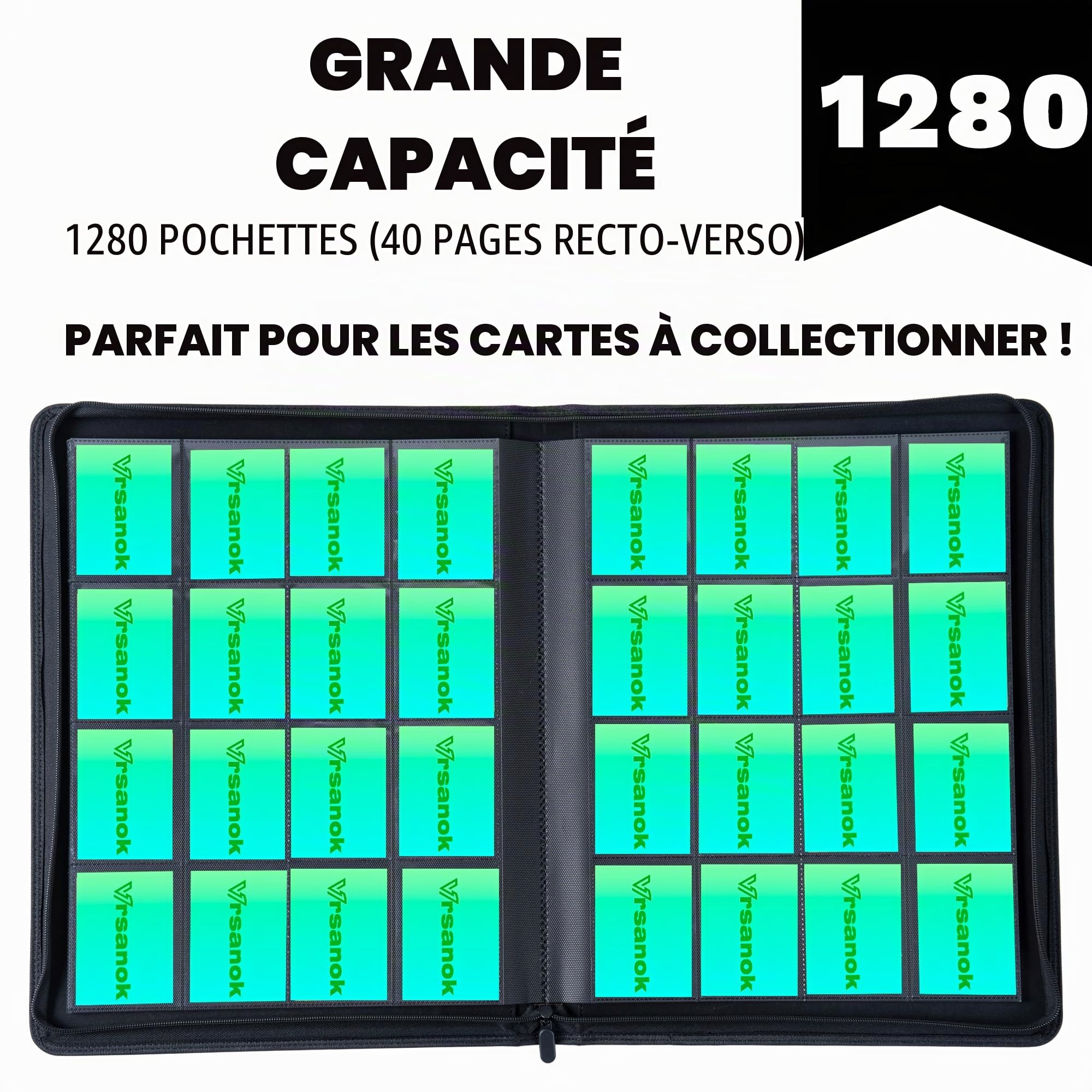 Classeur de 16 poches avec une capacité pour 1280 cartes, album de cartes 4x4 de grande capacité avec 40 pages recto-verso, couverture en polyuréthane sans anneau avec fermeture pour cartes