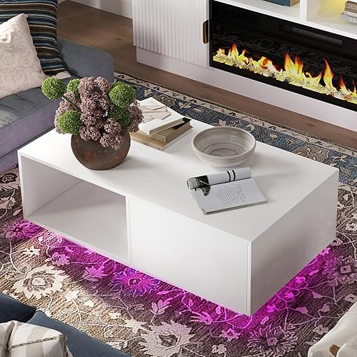 Miniatura 10 de Mesa de centro LED negra para sala de estar con cajón y 16 luces de colores, mesa de centro moderna de alto brillo de 43.3 pulgadas con espacio de
