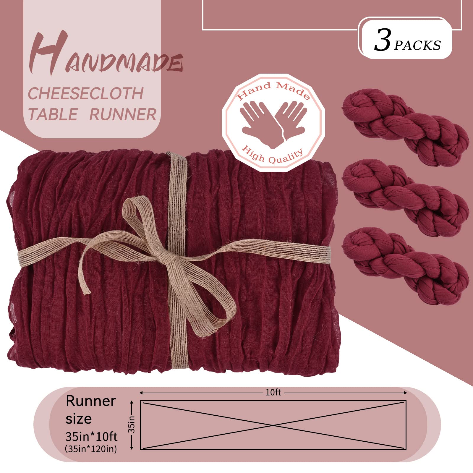 Lykoow 3 Packs Burgundy Cheesecloth Table Runner,10Ft x 35