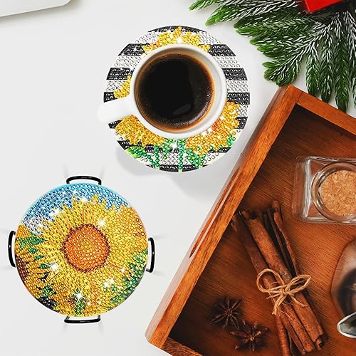 Miniatura 6 de Volmop Juego de 8 posavasos de pintura de diamante de girasol con soporte, posavasos de arte de diamantes 5D de taladro completo, posavasos redondos