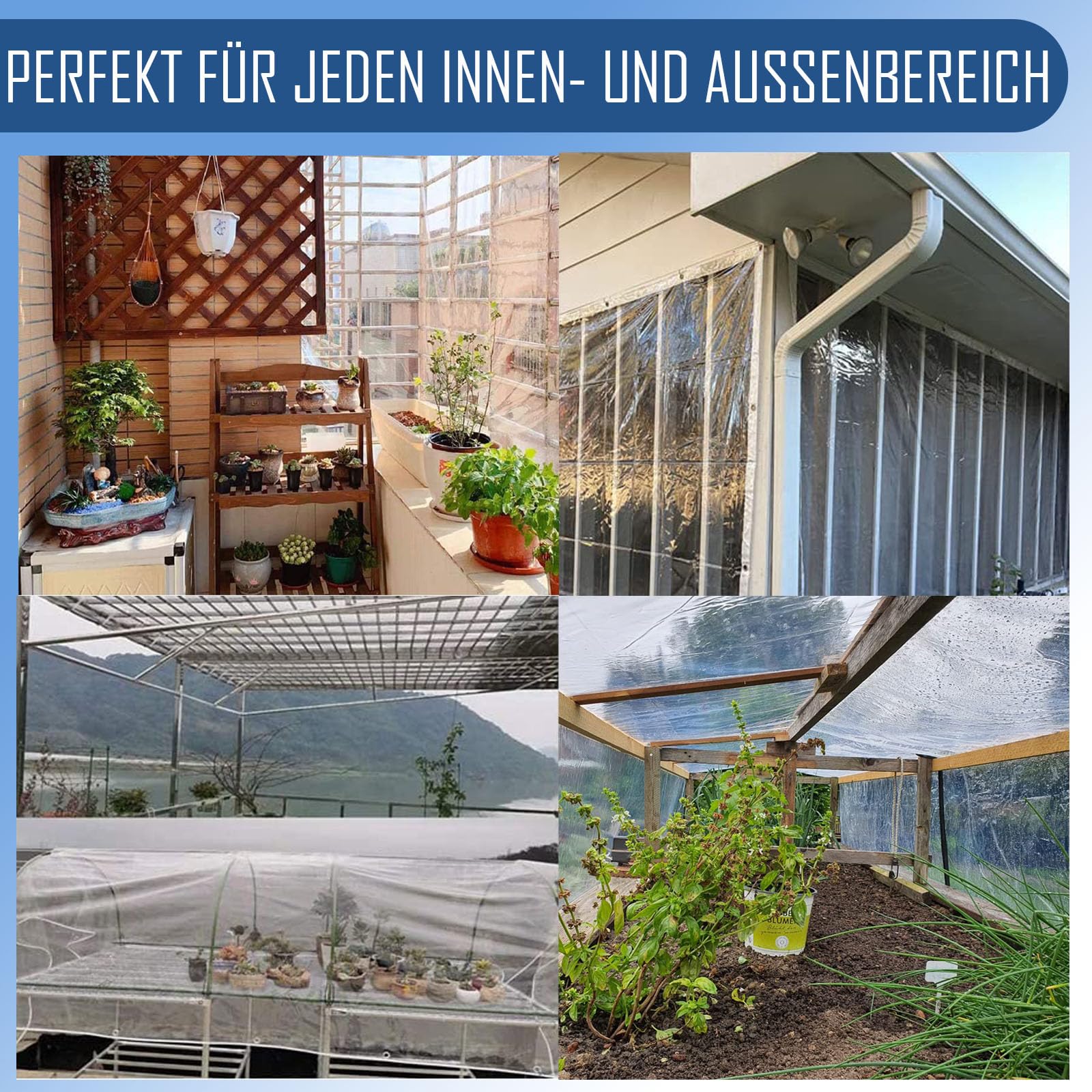wasserdichte Transparente PE Plane mit Ösen | Wetterfest Faltbar, Regenschutz für Gartenmöbel, Pflanzen und Gewächshäuser Geeignet für Camping, Balkon, Abdeckplane Wasserdicht 3.7x4.6m
