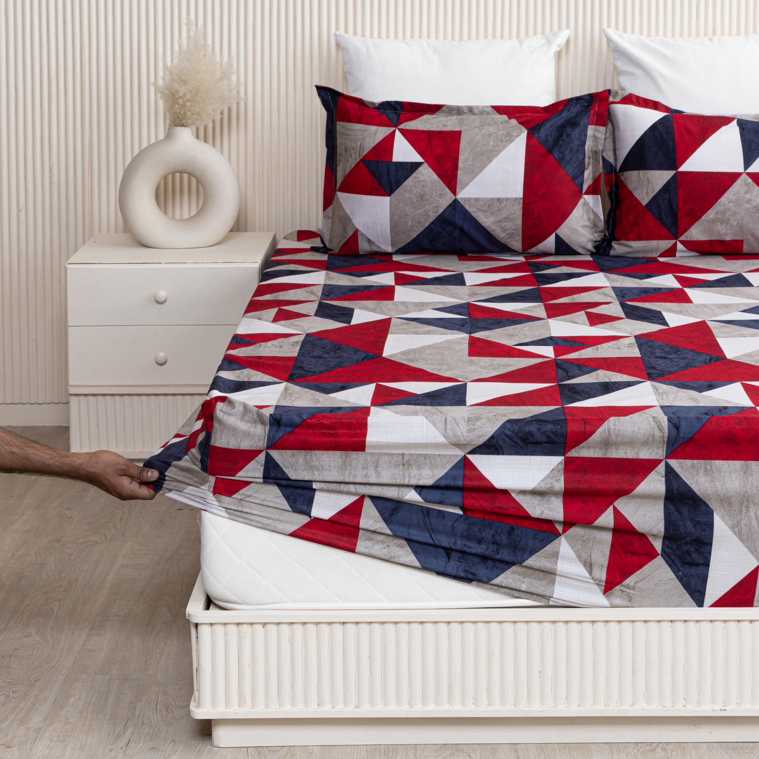 HOMEMONDE 210 TC Cotton Elastic Bedsheet Double Size Mattress 78 x 72 Inches Wrinkle Free Geometric Printed Fitted Sheet with 2 Pillow Covers, Red & Grey (B0D1RBH8HQ) Amazon Price History, Amazon Price Tracker