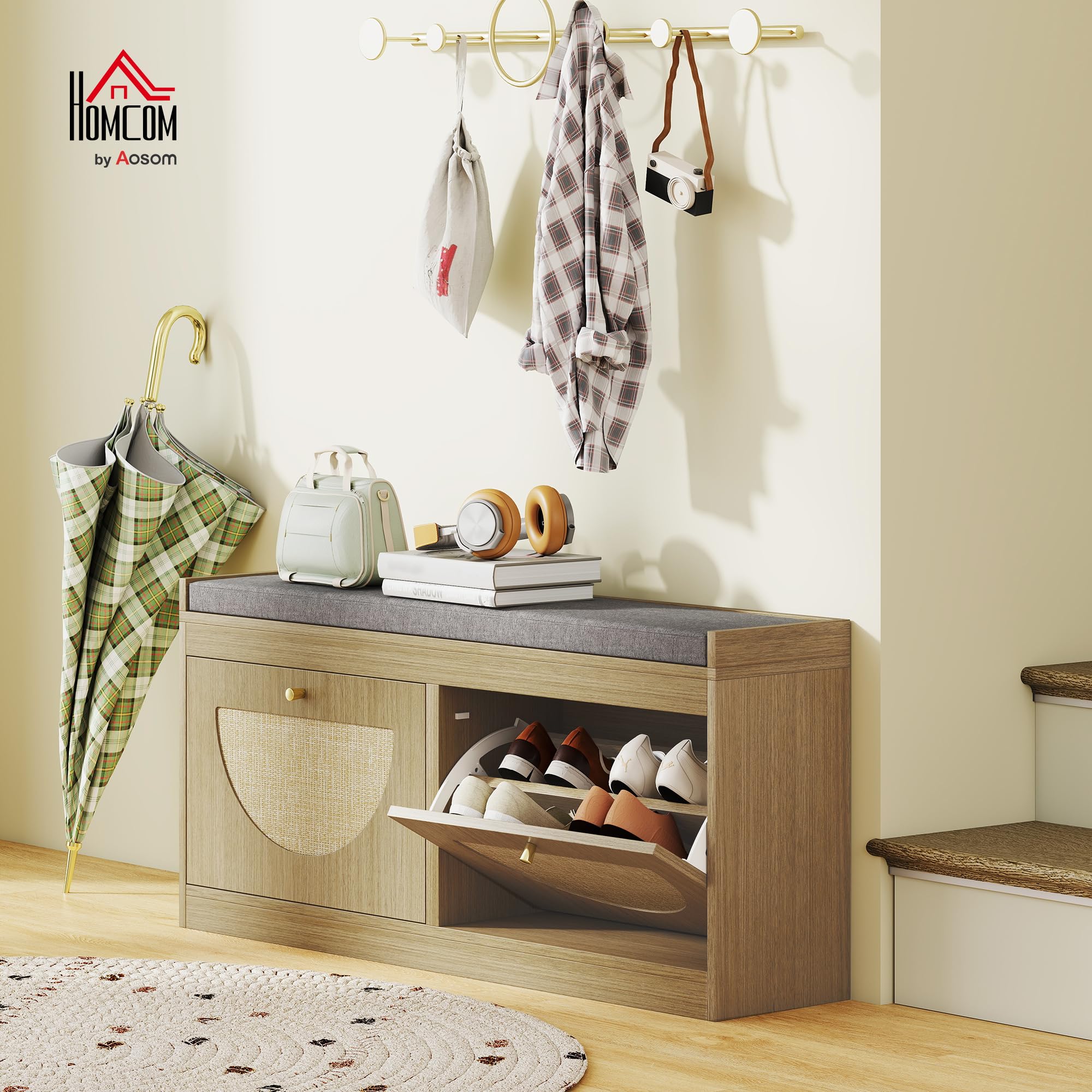 HOMCOM Banco Zapatero Bohemio con Asiento Acolchado 105x35x47 cm Natural | Banco Recibidor, Puertas Frentes de Ratán, Estante Ajustable, para 8 Pares de Zapatos, para Entrada