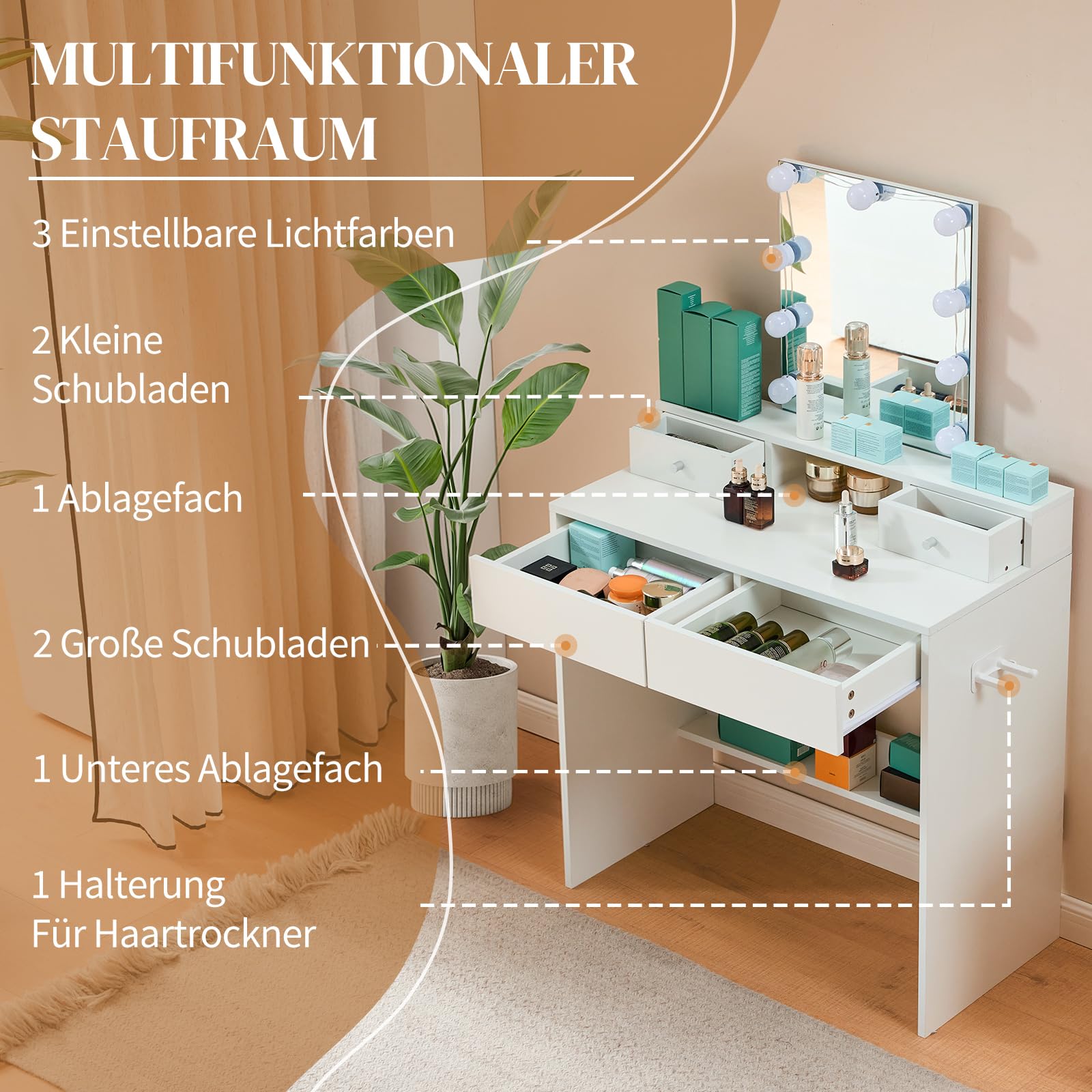 LEADZM Schminktisch mit Beleuchtung & Spiegel (Weiß, 80x40x130 cm)