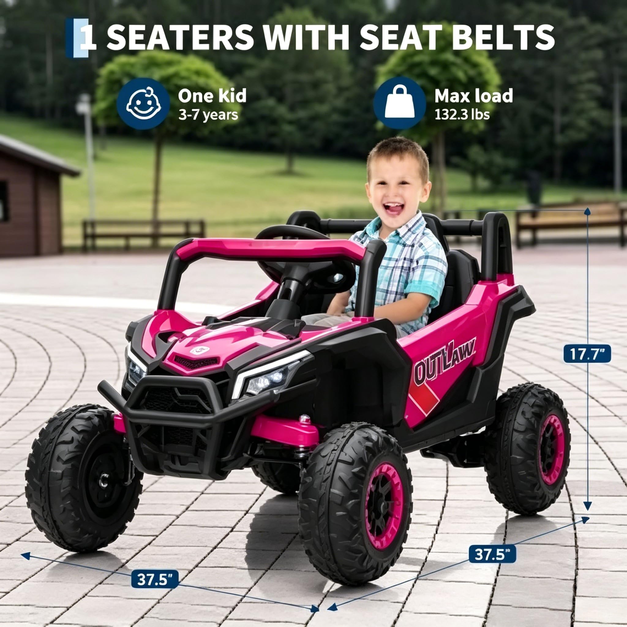 12V Voiture Électrique Télécommandée Enfant 3-6 Ans Véhicule 3 Vitesse Phares LED Quad Tout Terrain Effets Sonores Et Lumineux Jardin Gazon Goudron Grande Autonomie Rose Fuchsia
