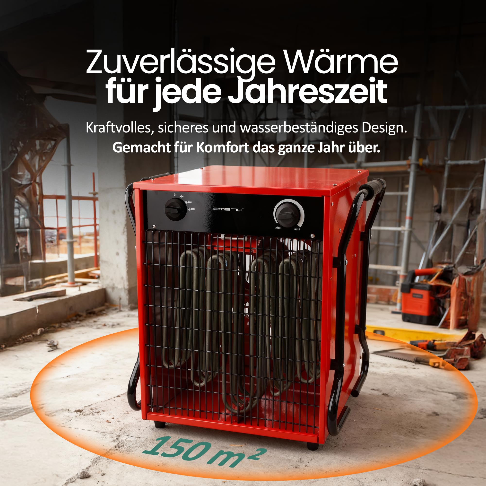 EMERIO FH-117330 Calentador de ventilador para habitaciones de hasta 150 m², IP24, potencia de 15000 W, elemento calefactor de acero inoxidable, 2 niveles de calor, termostato ajustable, protección