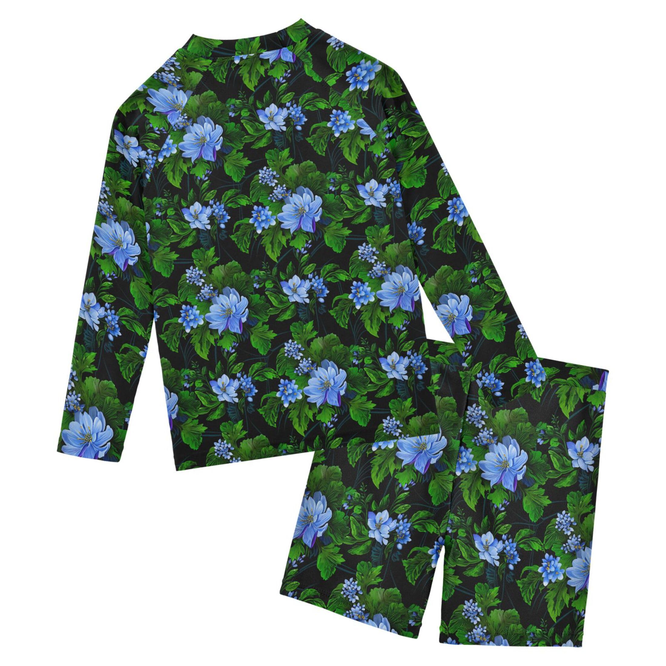 Blue Flowers Leaves Toddlers and Baby Boys' Swimsuit Trunk and Rashguard Set B0404801