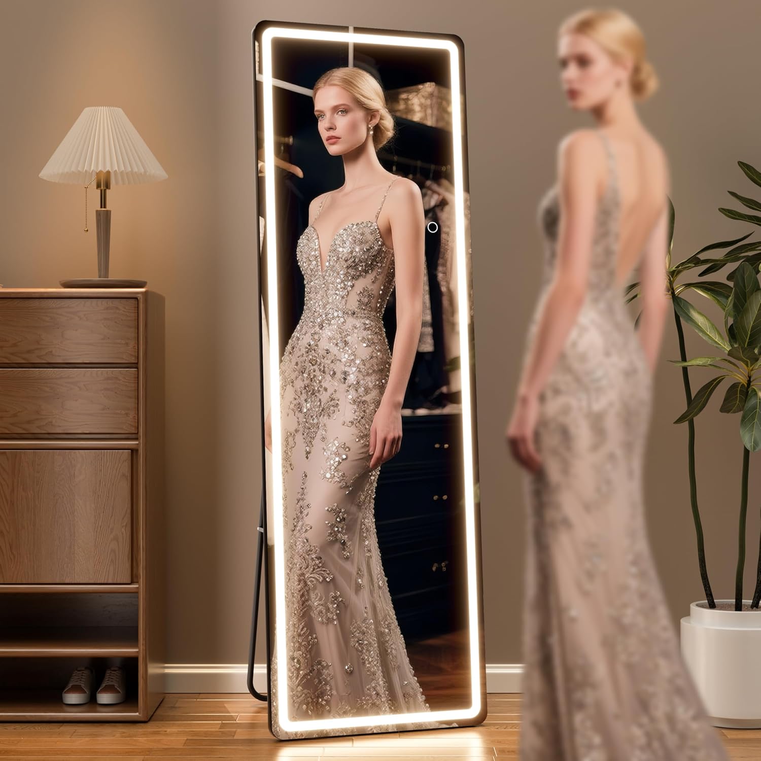 Full Length Mirror with Lights, 56" x 15.8" LED Lighted Floor Standing Body Mirror, Dimmable & 3 Color Lighting for Cloakroom, Dressing Room, Tempered Glass, Rounded Corner Black