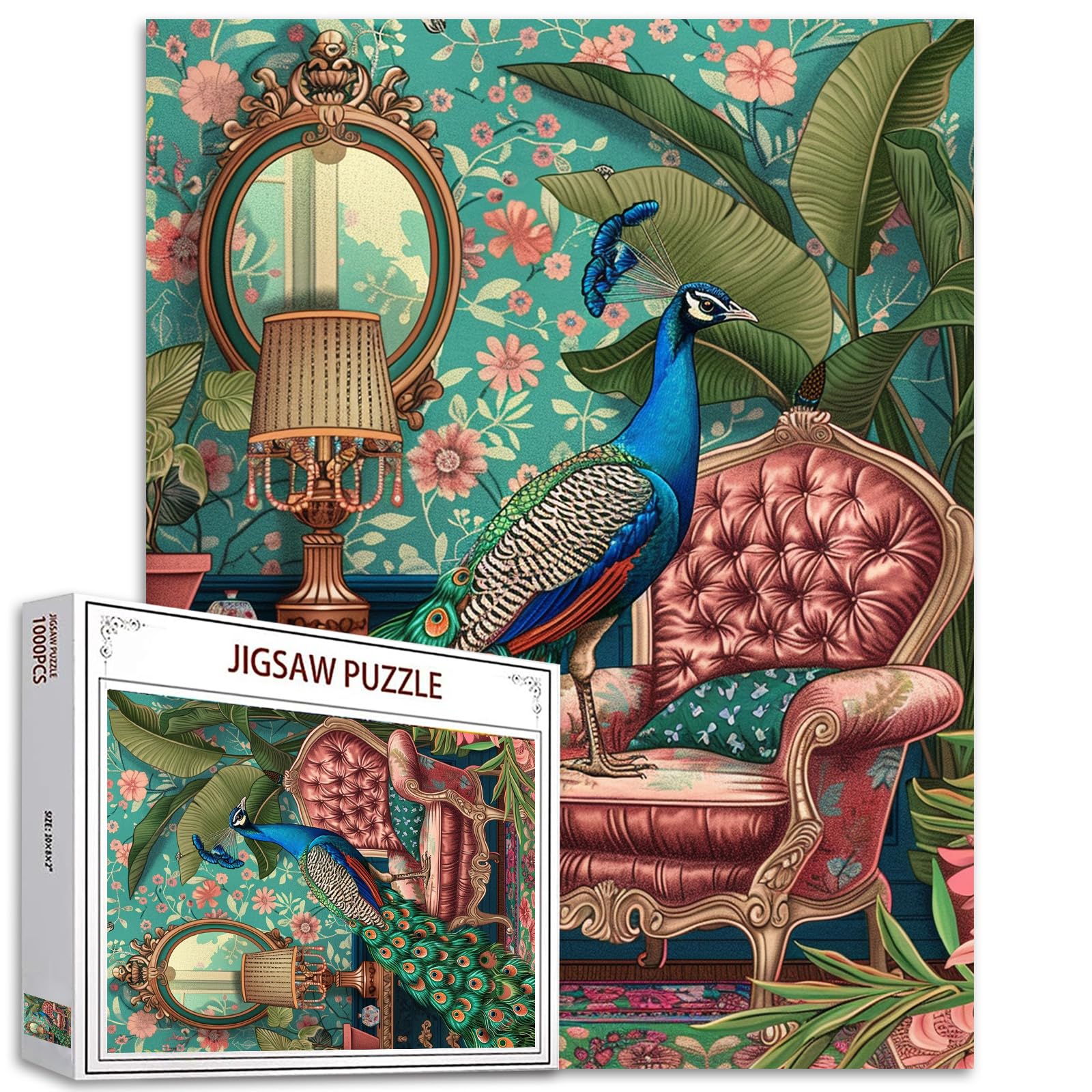 Jungle Peacock on Sofa Art Jigsaw Puzzles for Adults 1000 Pieces,Wild Animals Boho Jigsaw Puzzle Colorful DIY Puzzles for Home Decoration Gifts,Family Challenging Perfect for Game Nights