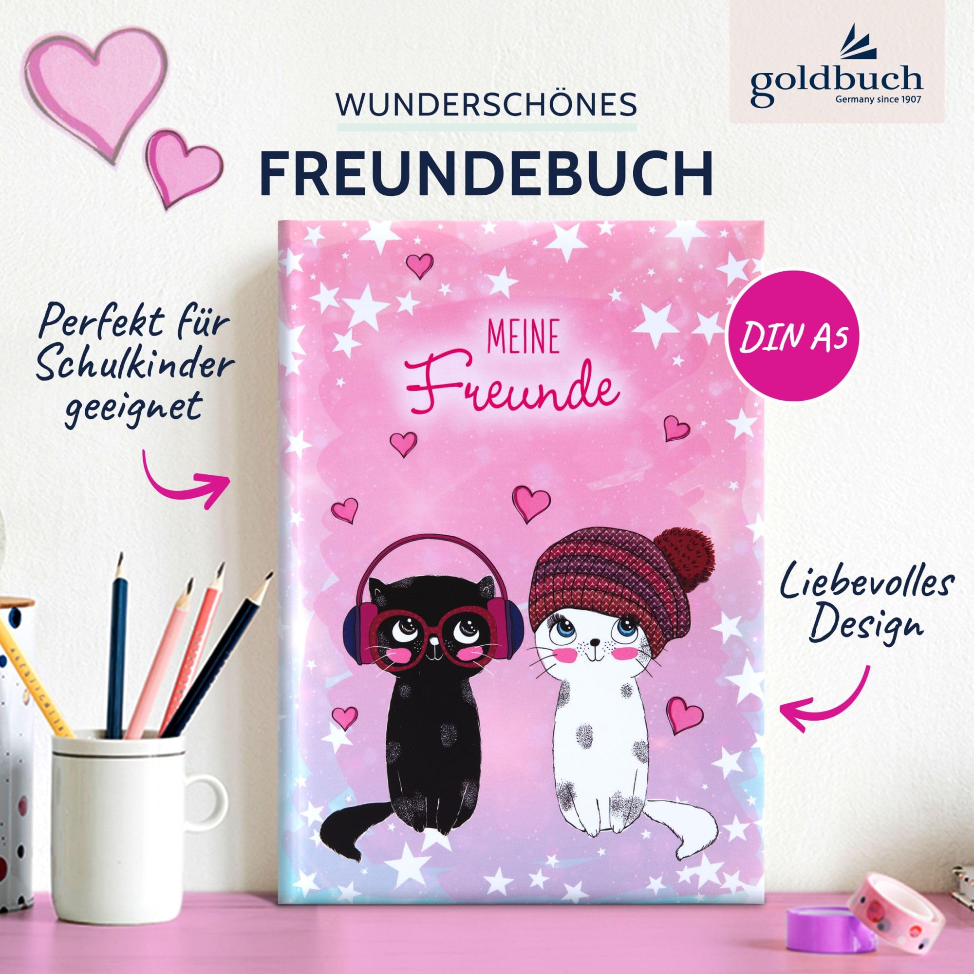 goldbuch 43099 - Libro degli Amici Music for Cats DIN A5, Libro dell'amicizia da compilare per Amici, Scuola elementare, Scuola, Asilo, Kita, 88 Pagine illustrate, Copertina Laminata