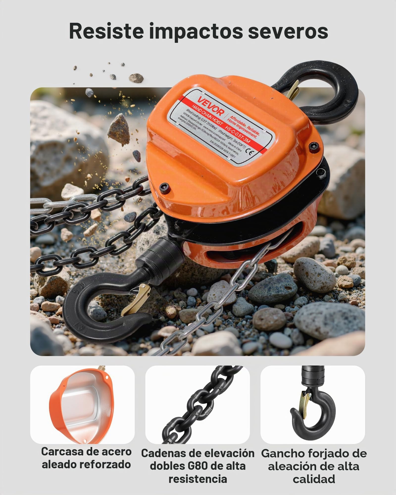 VEVOR Polipasto de Cadena Manual, Polipasto de Polea Resistente con Cadena Galvanizada G80 Mejorada, Altura de Elevación de 3 m Carga de 0,5 T para Garaje, Almacén y Maquinaria Automotriz, Naranja