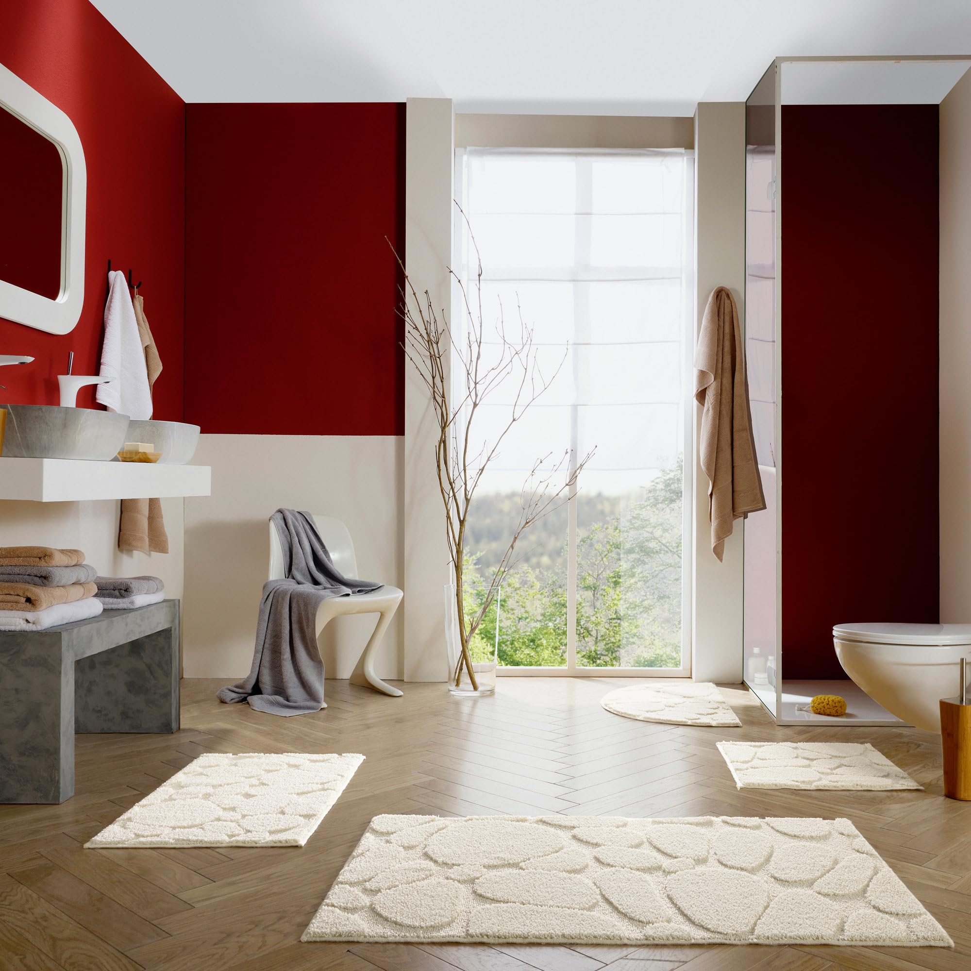 REDBEST Badematte Jacox Kieselsteine Muster Creme Größe 80x140 cm - Hoch-Tief-Struktur, pflegeleicht, strapazierfähig, schnell trocknend, rutschhemmend, für Fußbodenheizung geeignet