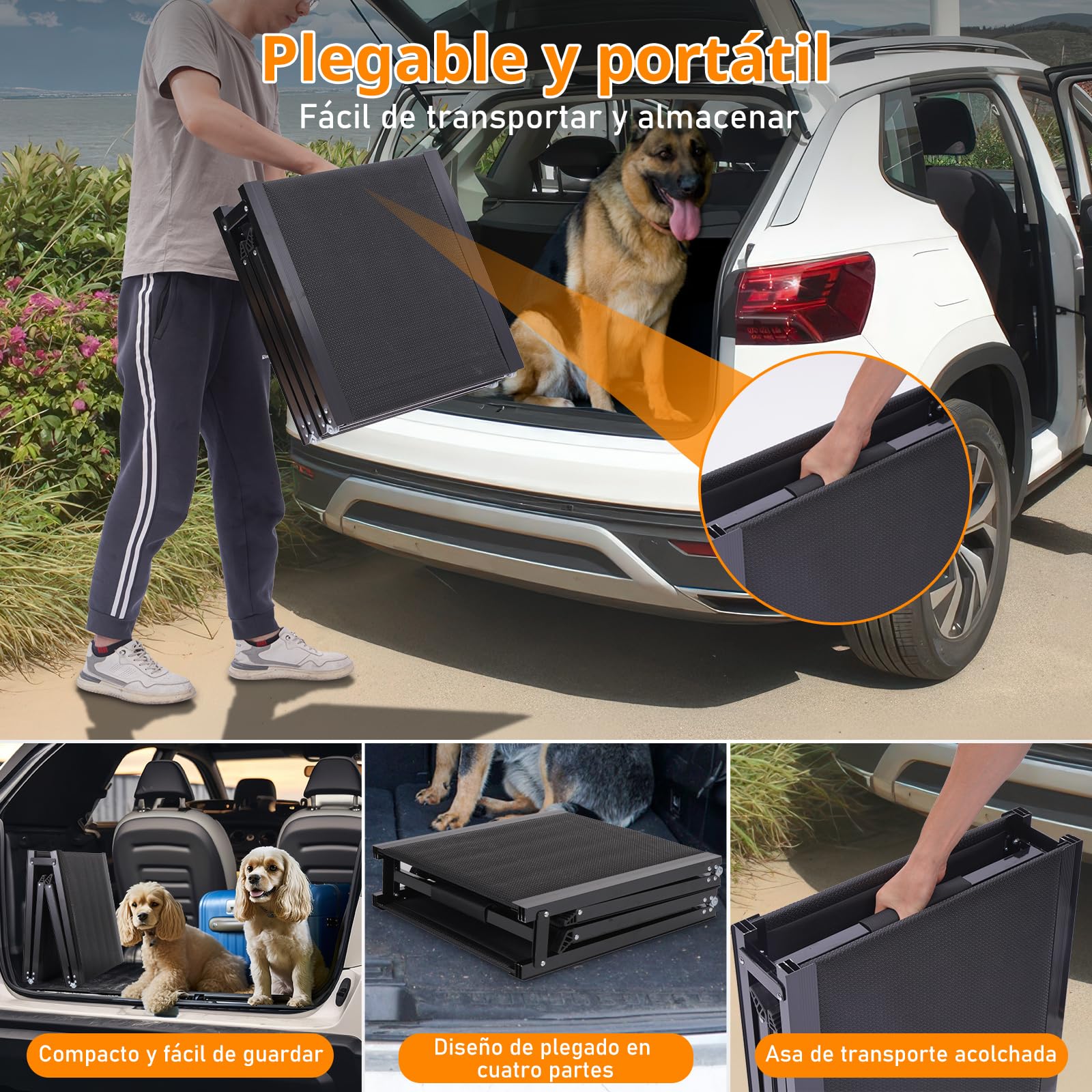 Rampa para Perros Coche, 180×50cm, Soporta hasta 70 kg, Superficie Antideslizante de Alta Tracción, Estructura Ligera de Aluminio, SUV y Mascotas Grandes