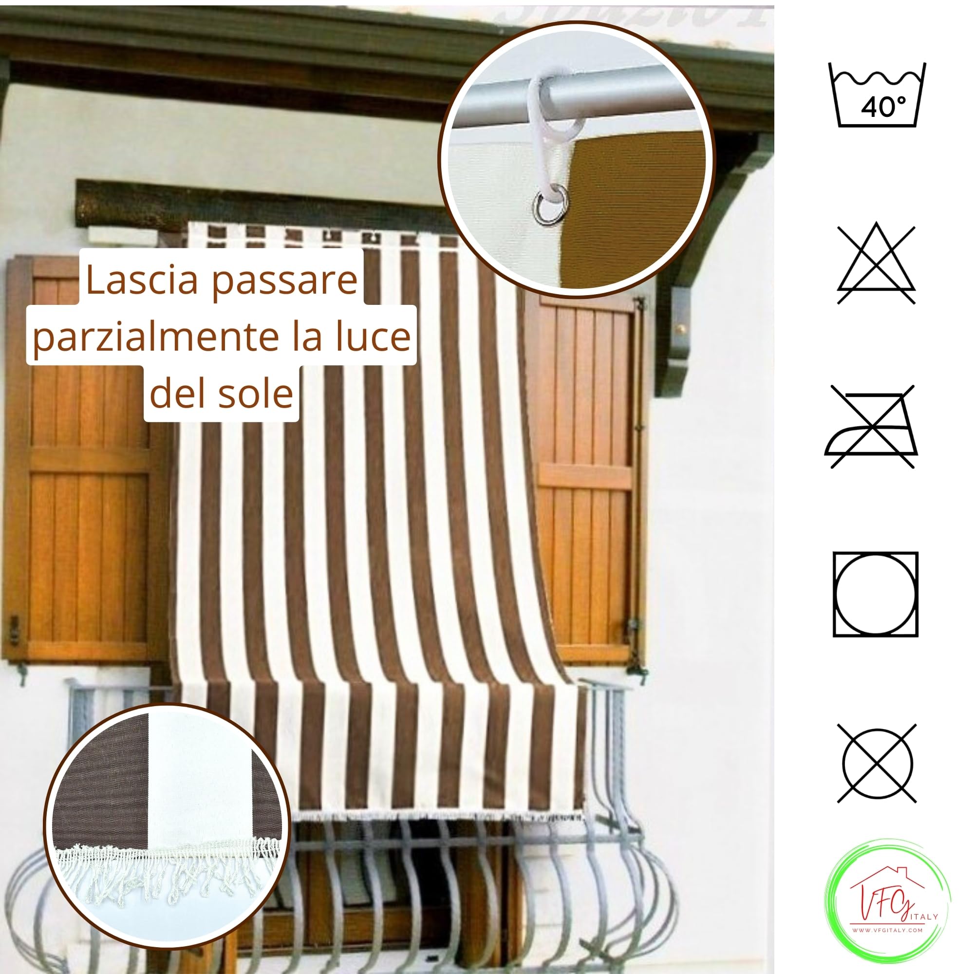 Tenda Sole Strisce Esterno Balcone Terrazzo Veranda con Anelli e Ganci 100% Poliestere Durevole Lavabile Marrone_bianco 290x290