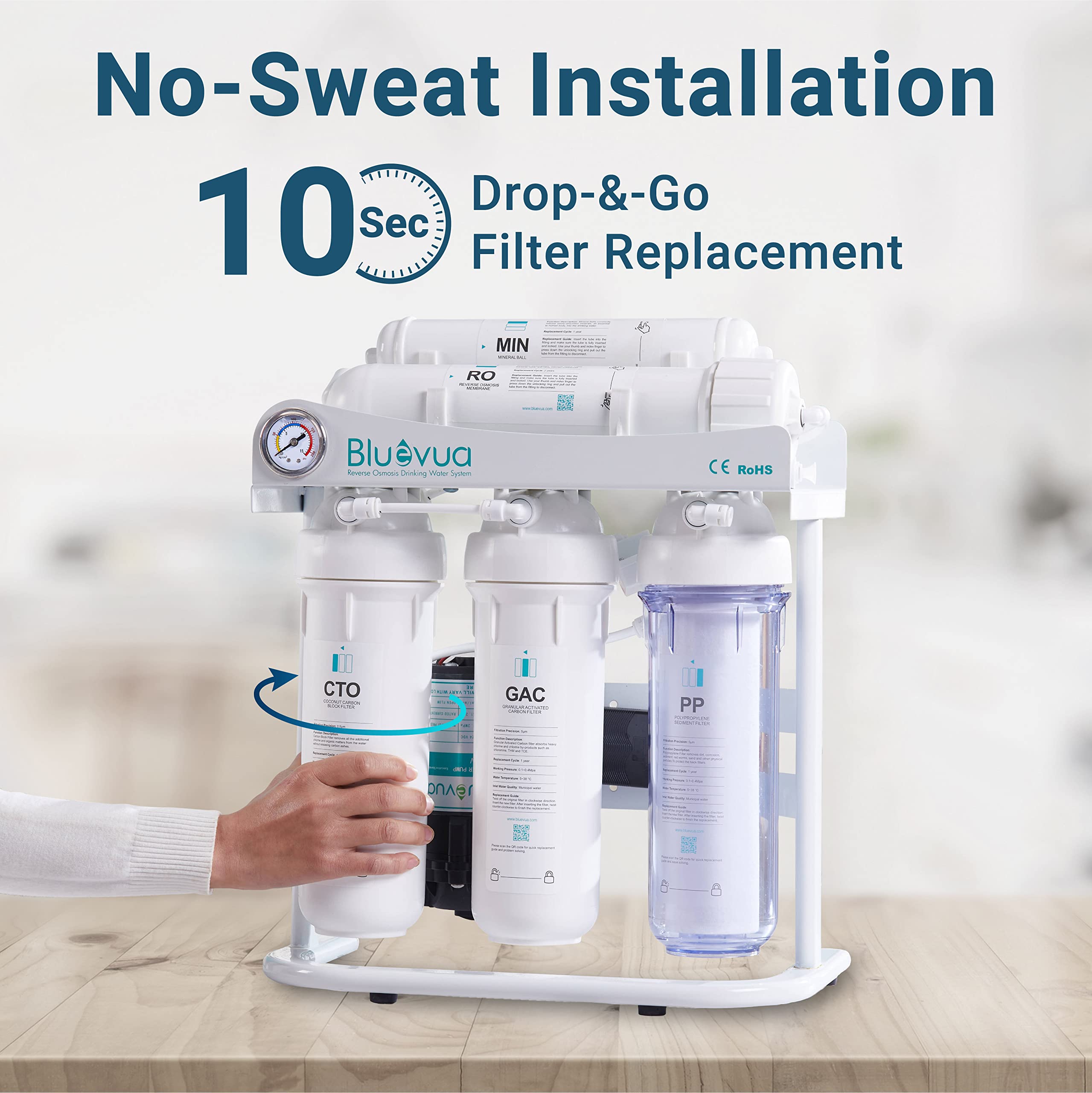Bluevua RO100DS Under Sink Water Filter System, Reverse Osmosis, 6