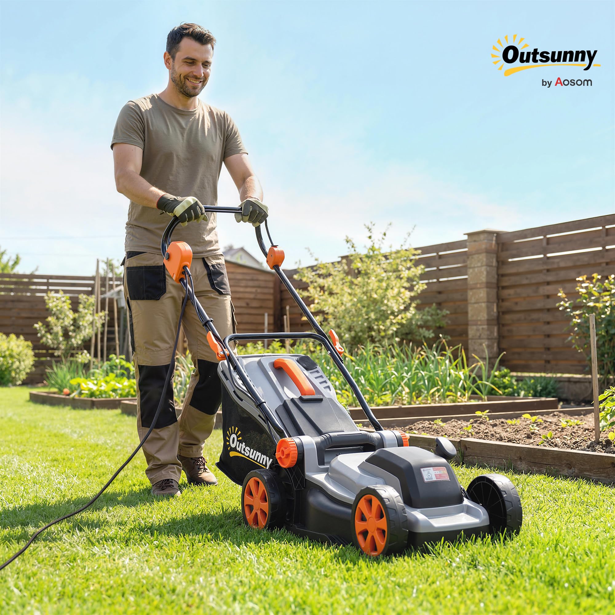 Outsunny elektryczna kosiarka 1200 W z szerokością cięcia 34 cm, koszem na trawę o pojemności 35 litrów, funkcją mulczowania, 6 wysokościami cięcia, regulowanym uchwytem, kosiarka do trawnika