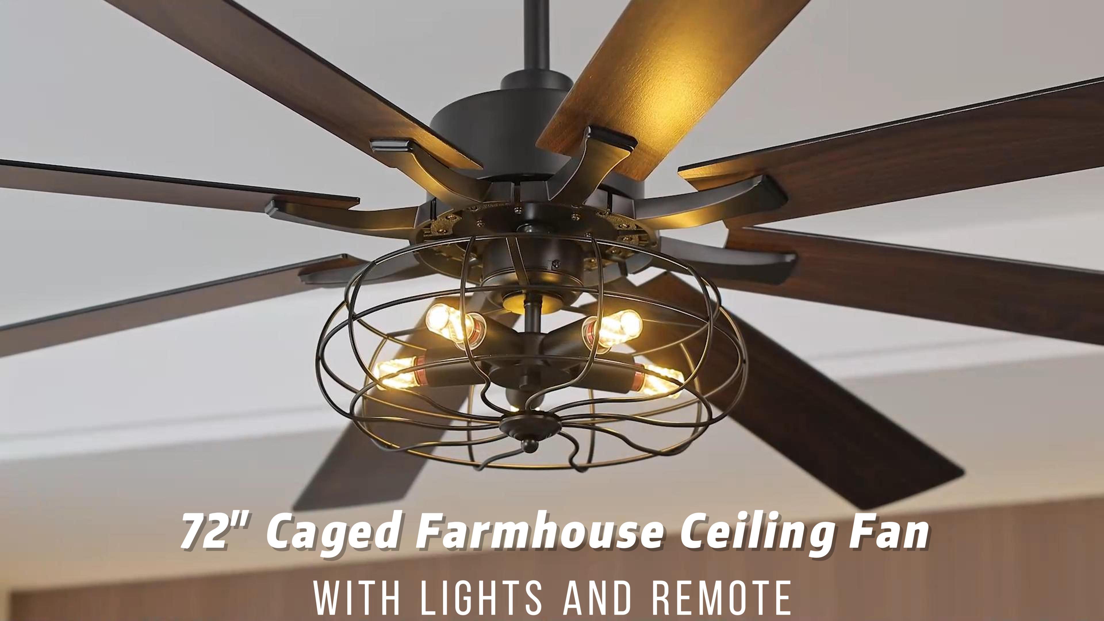 Image of 72 inch Farmhouse Ceiling Fan with Lights Remote, Rustic Ceiling Fan | Black Caged Fandelier, Large Industrial Chandelier Light for Living Room Indoor Covered Outdoor, 5 E26 Bulbs (Not Included)