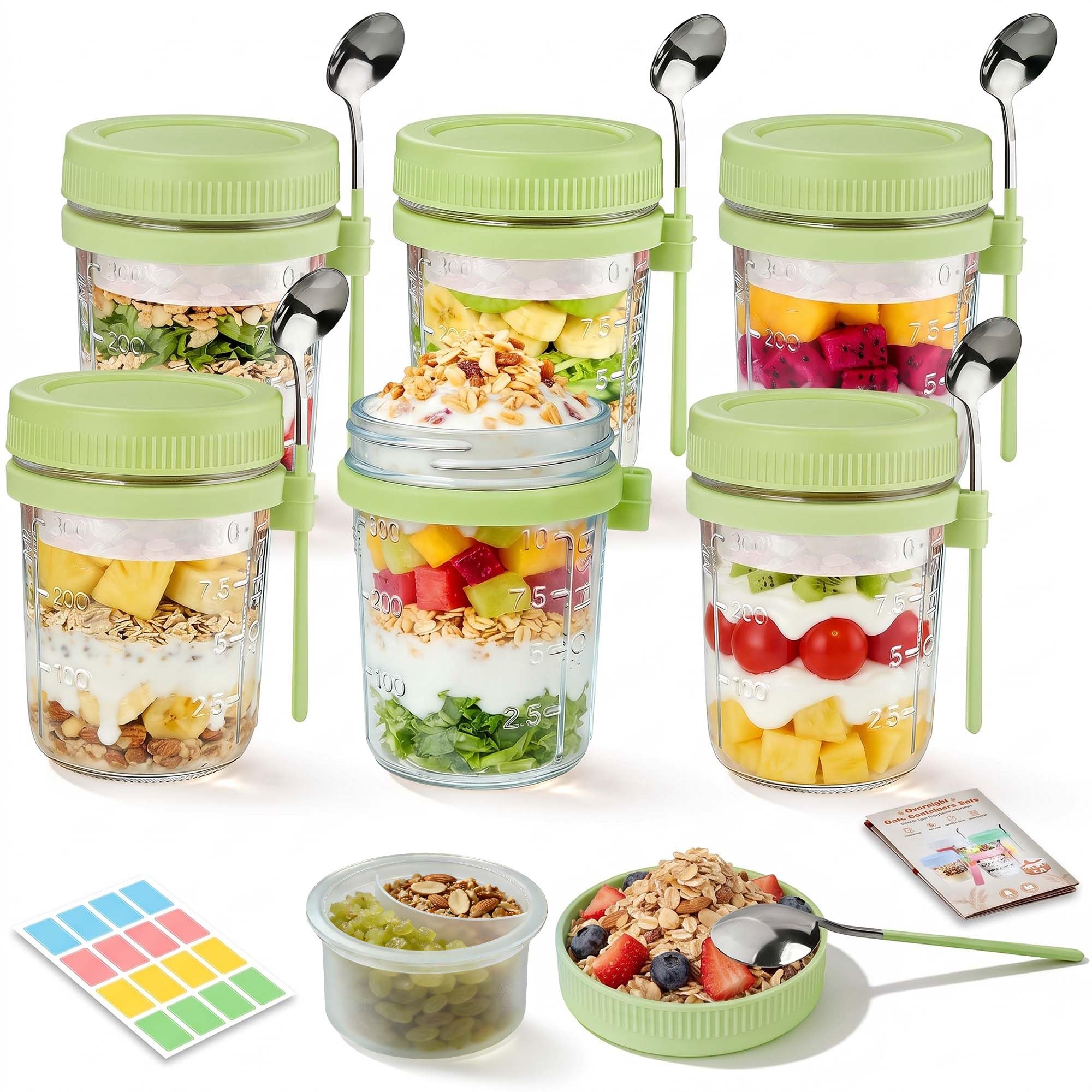 6 Pack Green Overnight Oats Containers with Lids &amp; Spoon - 16 oz Glass Mason Jars with Separate Divider Leakproof Sugar Packet Holders Chia Yogurt Parfait Cups for Oatmeal Cereal Meal Prep