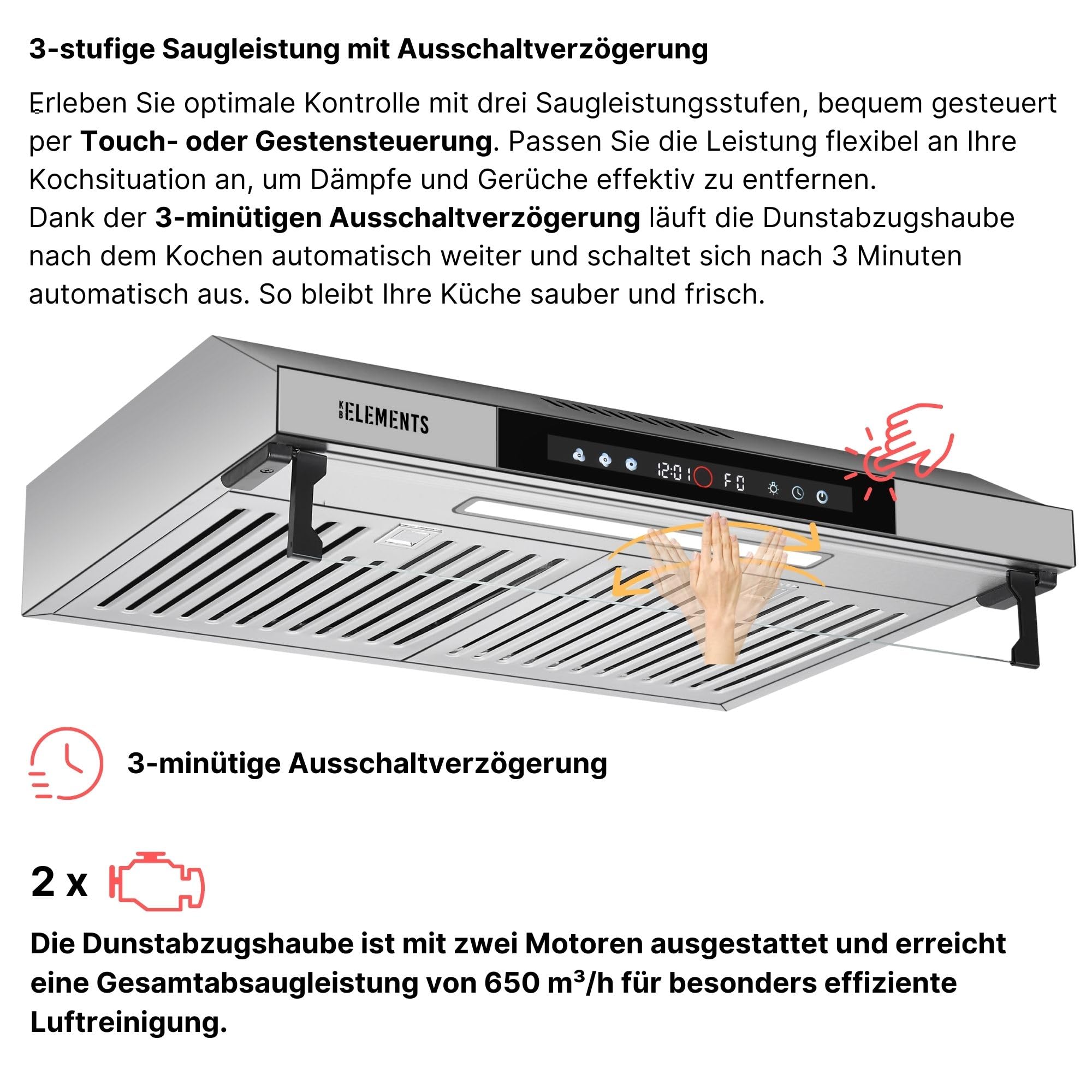 Dunstabzugshaube 60cm Unterbau Umluft Abluft 650m³/h Doppelter Motor Touch-Gestensteuerung Edelstahl