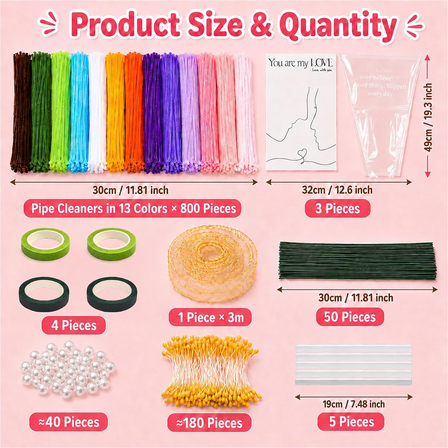 OkayRose 800 PCS Pipe Cleaners Craft, Pipe Cleaner Flower Kit with 13 Colors Chenille Stems, DIY Art and Craft Supplies for Kids & Adults, Colorful Bouquet Making Set with Instruction and Handle
