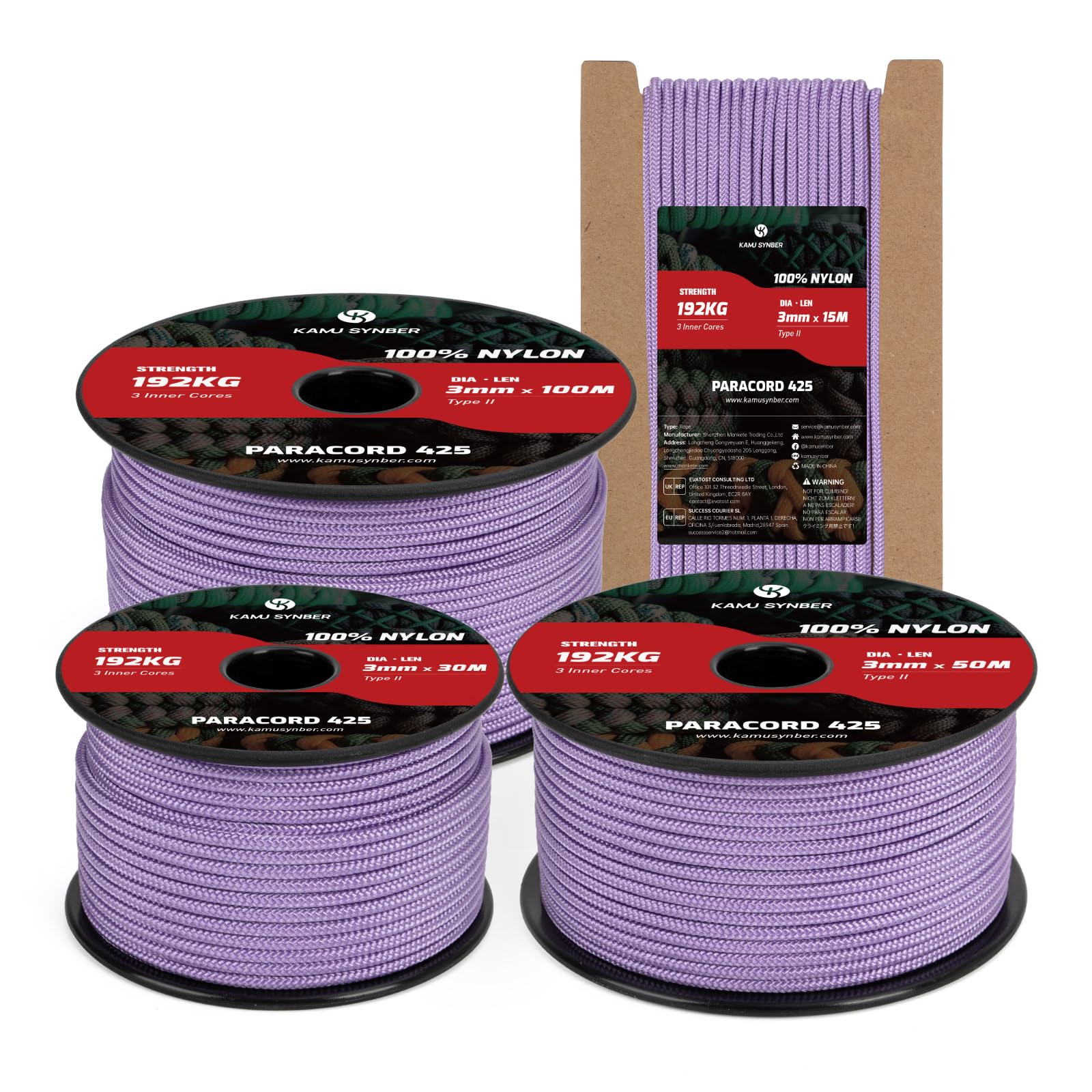Kamu Synber 425 Paracord 3mm x 100m 100% Nylon Rope 3 Strands Parachute Cord Type II for Outdoor, Crafting, DIY | Support 192kg | Lilac