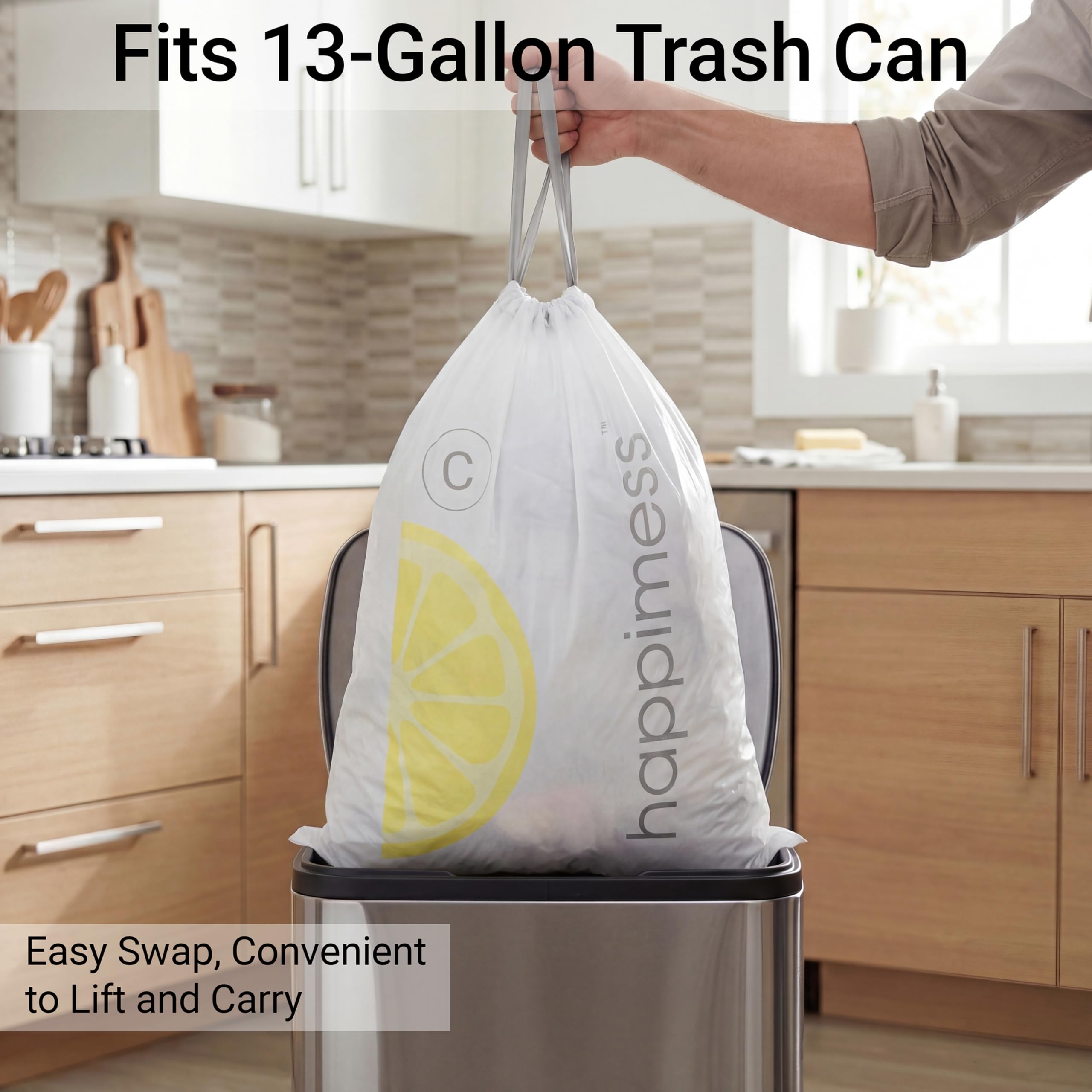 happimess Bolsas de basura con cordón de 13.2 galones, aroma a limón, blancas, forros de MDPE resistentes para cocina y hogar, control de olores, ajuste personalizado, 80 unidades (4 paquetes de 20