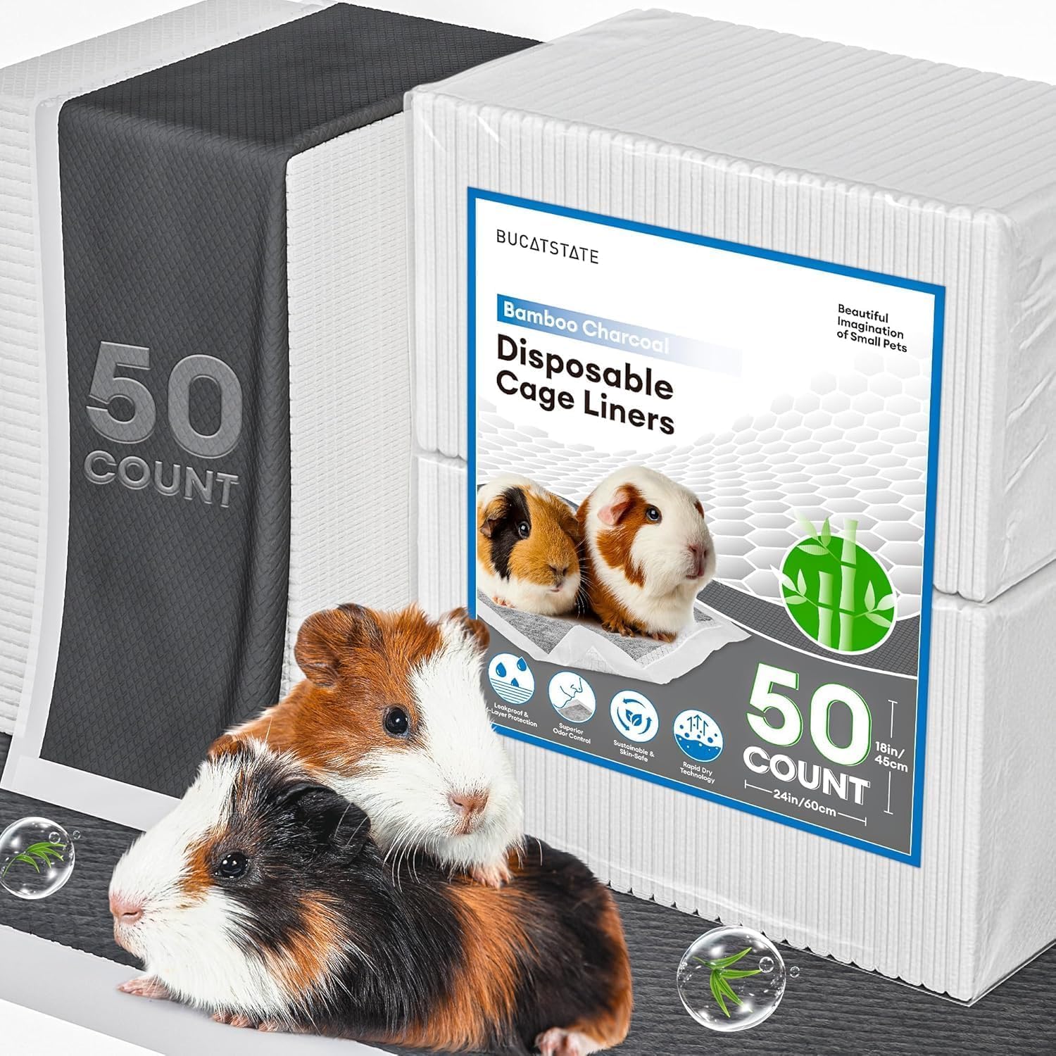 BUCATSTATE Disposable Guinea Pig Cage Liners 50 Count, Super Absorbent Guinea Pig Bedding, Bamboo Charcoal Odor Control Pee Pads for Rabbits, Ferrets and Birds (45cm*60cm)